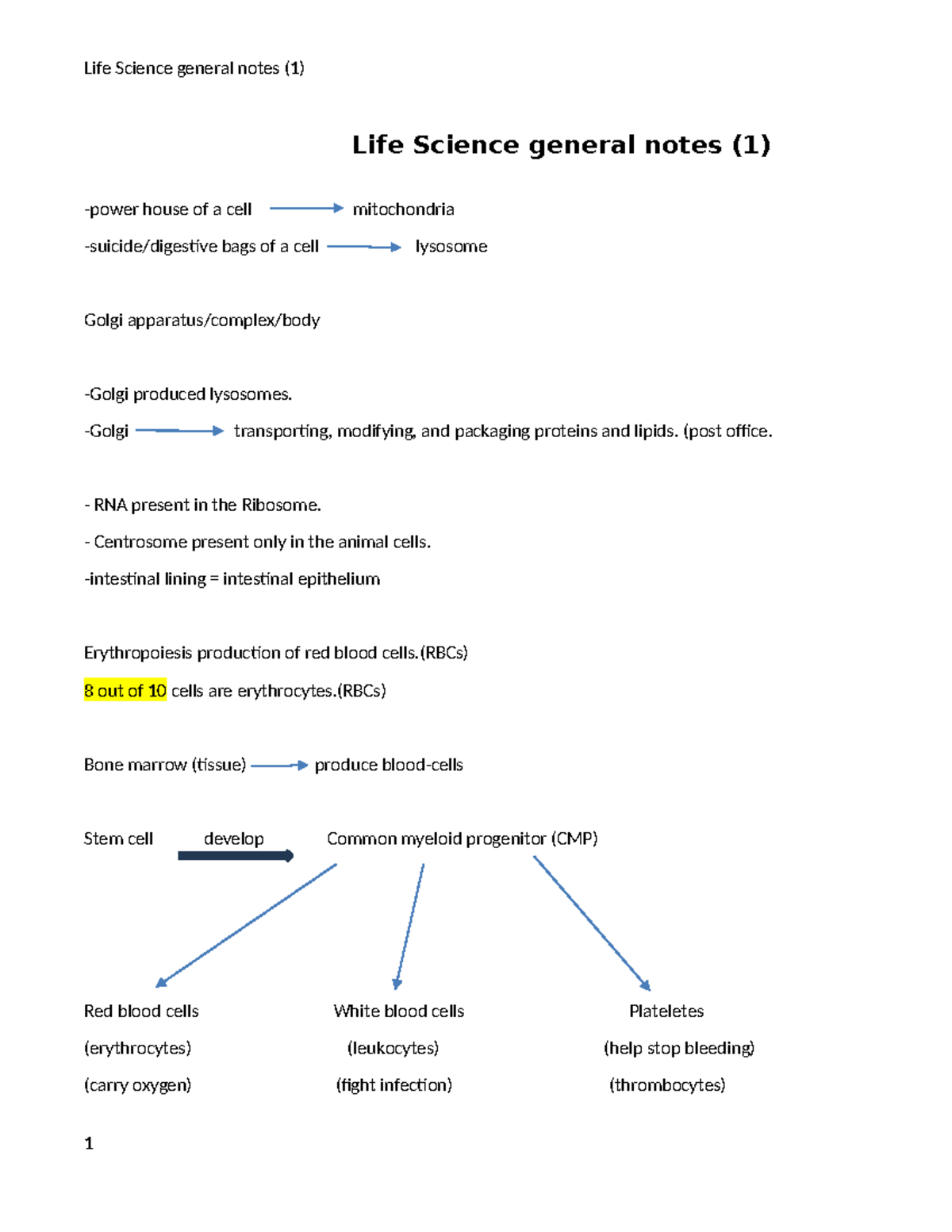 Life Science (BIO101) General Notes on Cell Structure & Function - Studocu