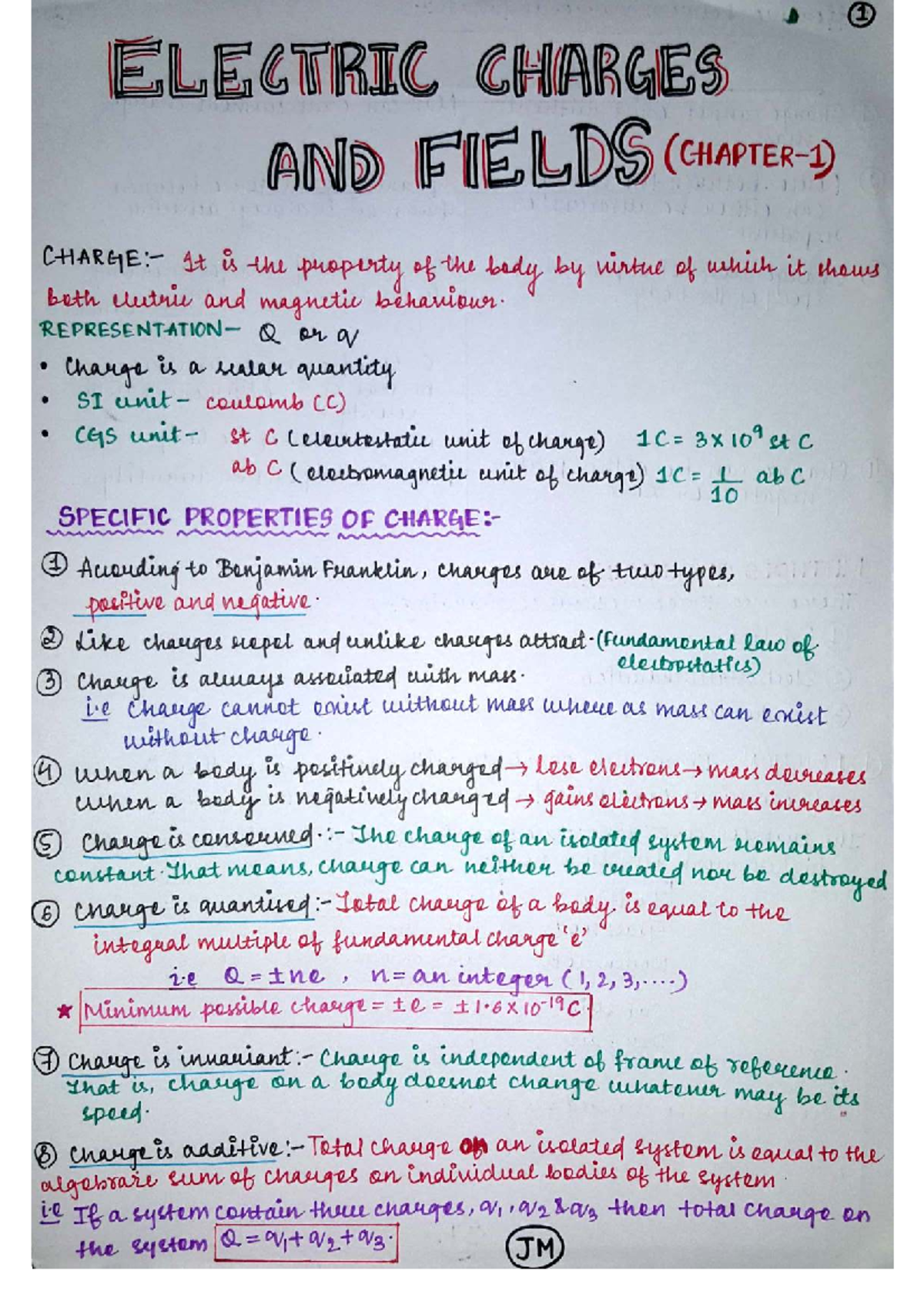 Class 12 Physics Chapter 1: Electric Charges and Fields Notes - Studocu