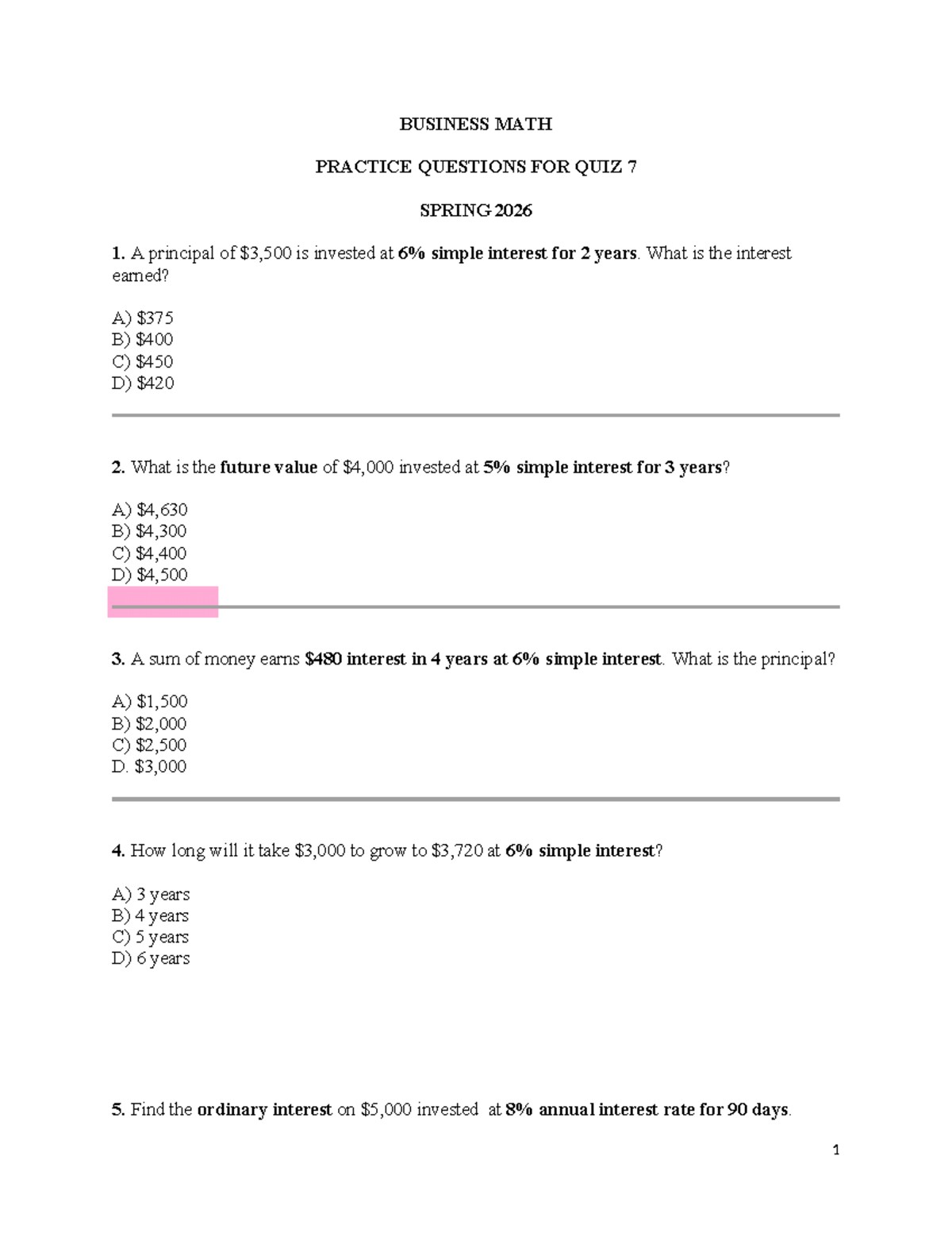 BUSINESS MATH QUIZ 7 PRACTICE QUESTIONS SPRING 2026 - Studocu