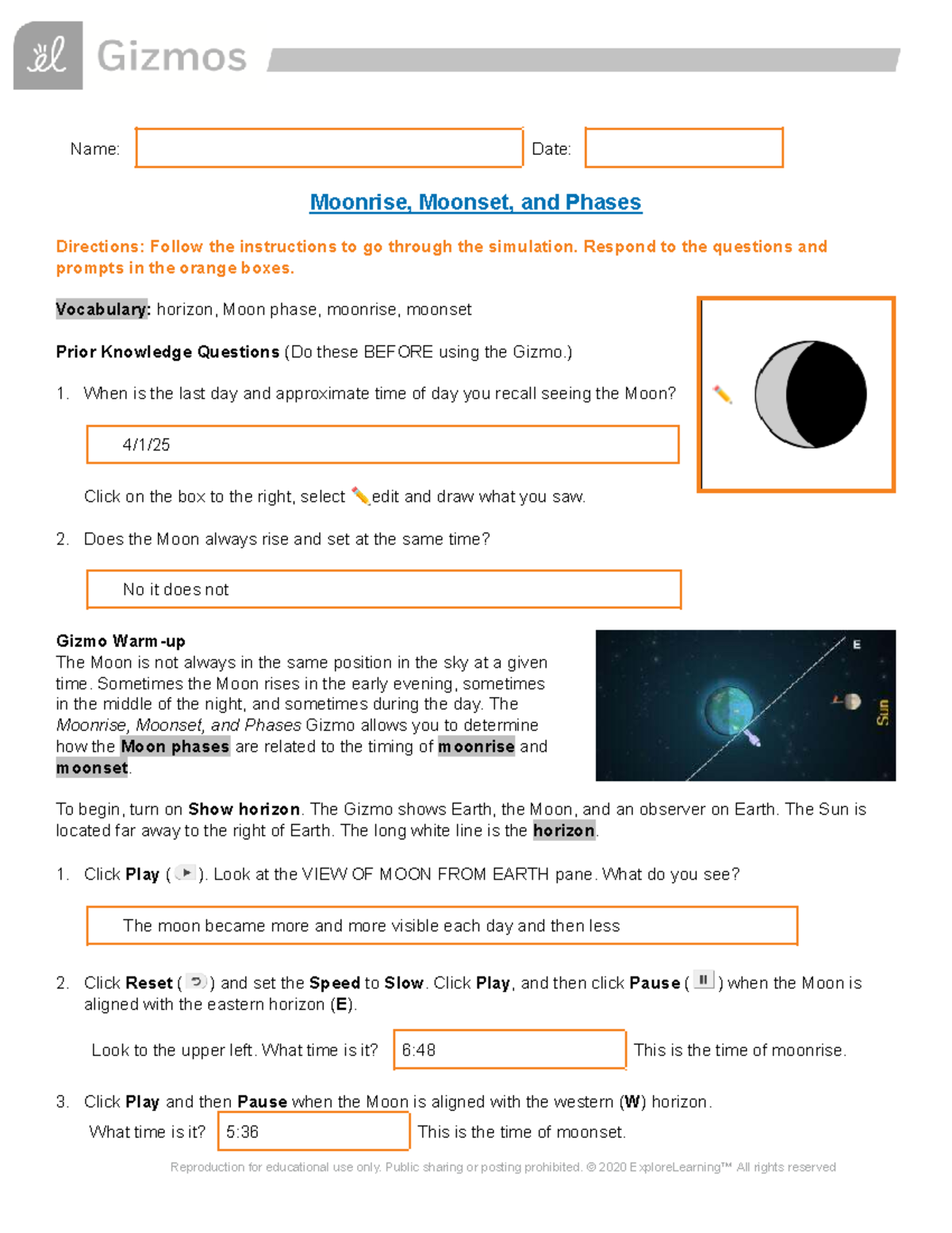 Copy of Moonrise Moonset SE - Name: Date: Moonrise, Moonset, and Phases ...