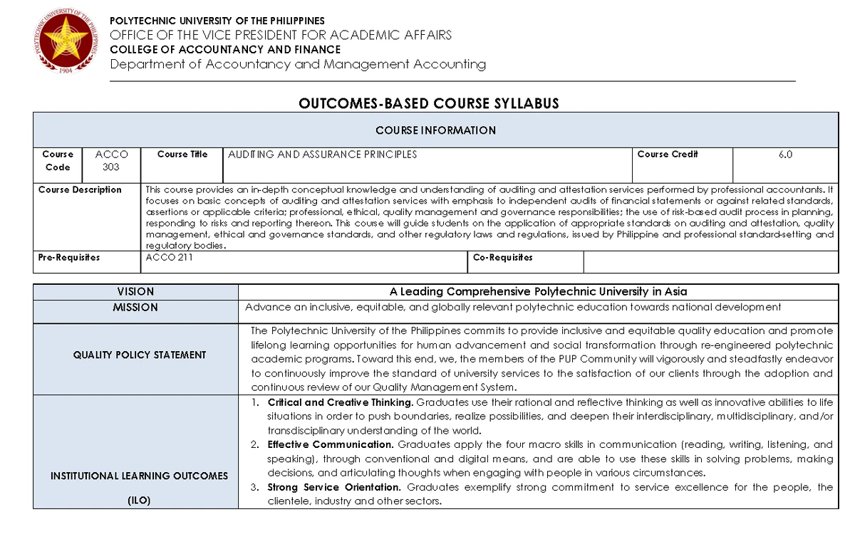 ACCO-30043 Auditing and Assurance Principles Course Overview and ...