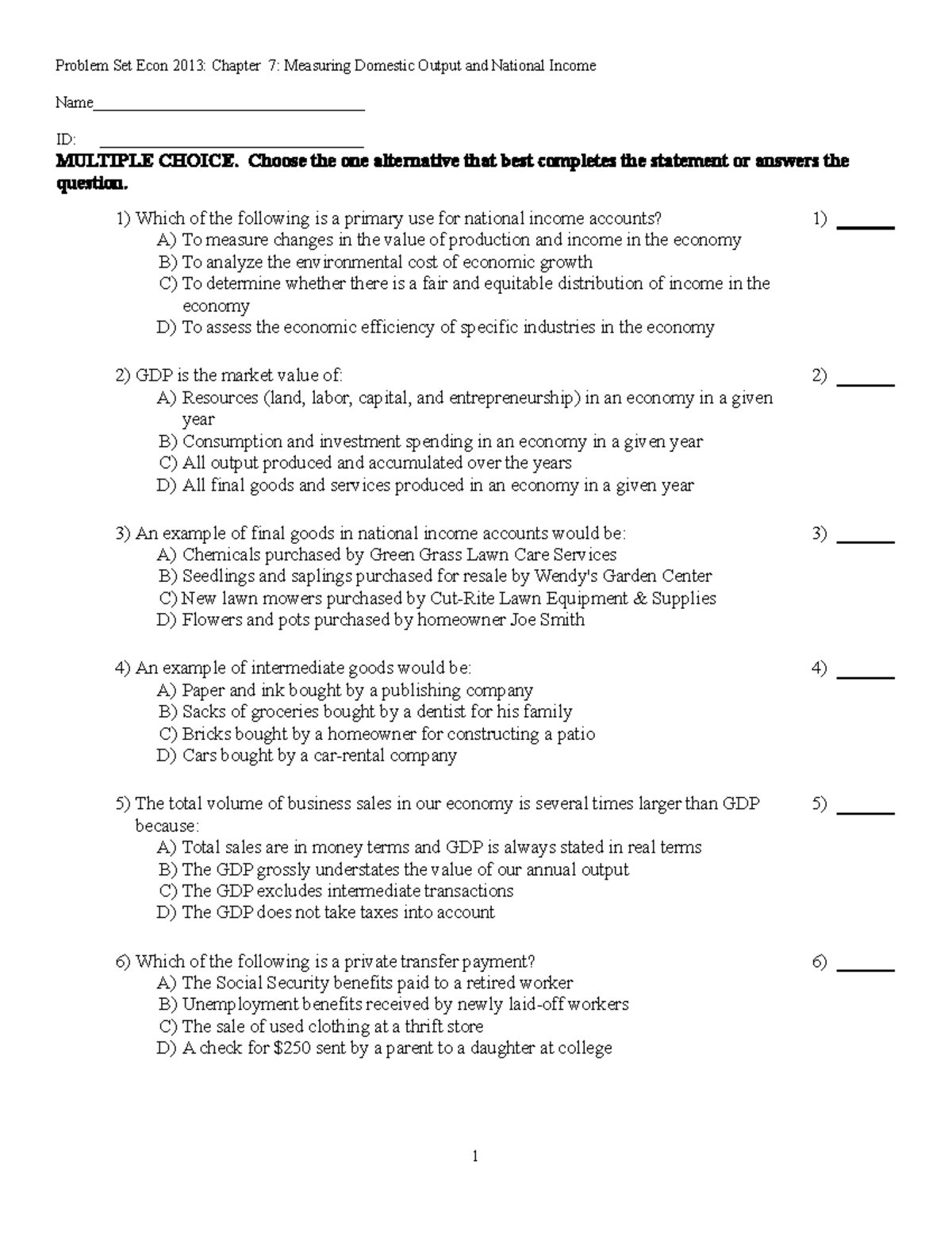 MCQs on National Income for Econ 2013: Chapter 7 Exam Prep - Studocu