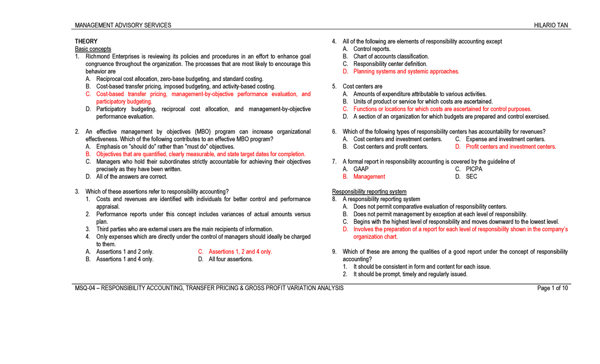 MANAGEMENT ADVISORY SERVICES: RESPONSIBILITY ACCTG, TRANSFER PRICING ...