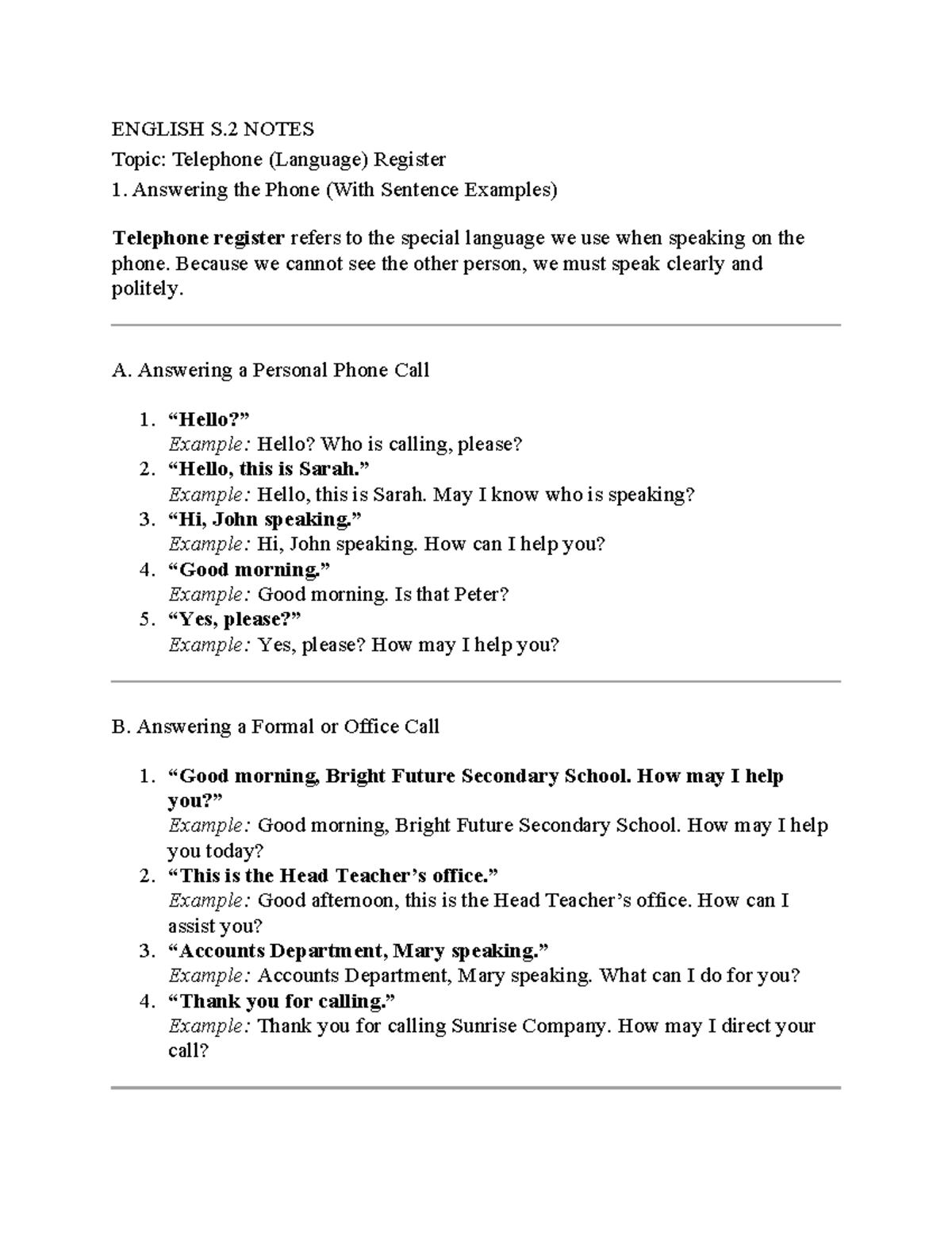 ENGLISH S.2 NOTES: Telephone Language Register and Usage - Studocu