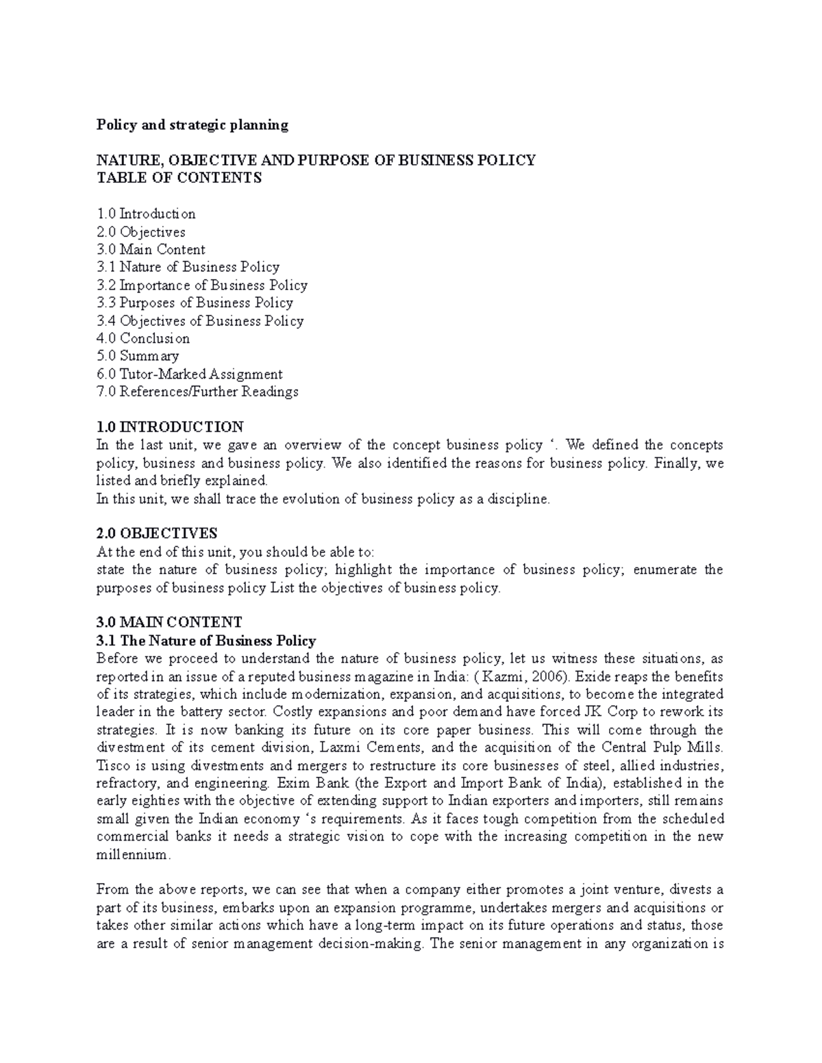 Business Policy & Strategic Planning: Objectives and Importance ...
