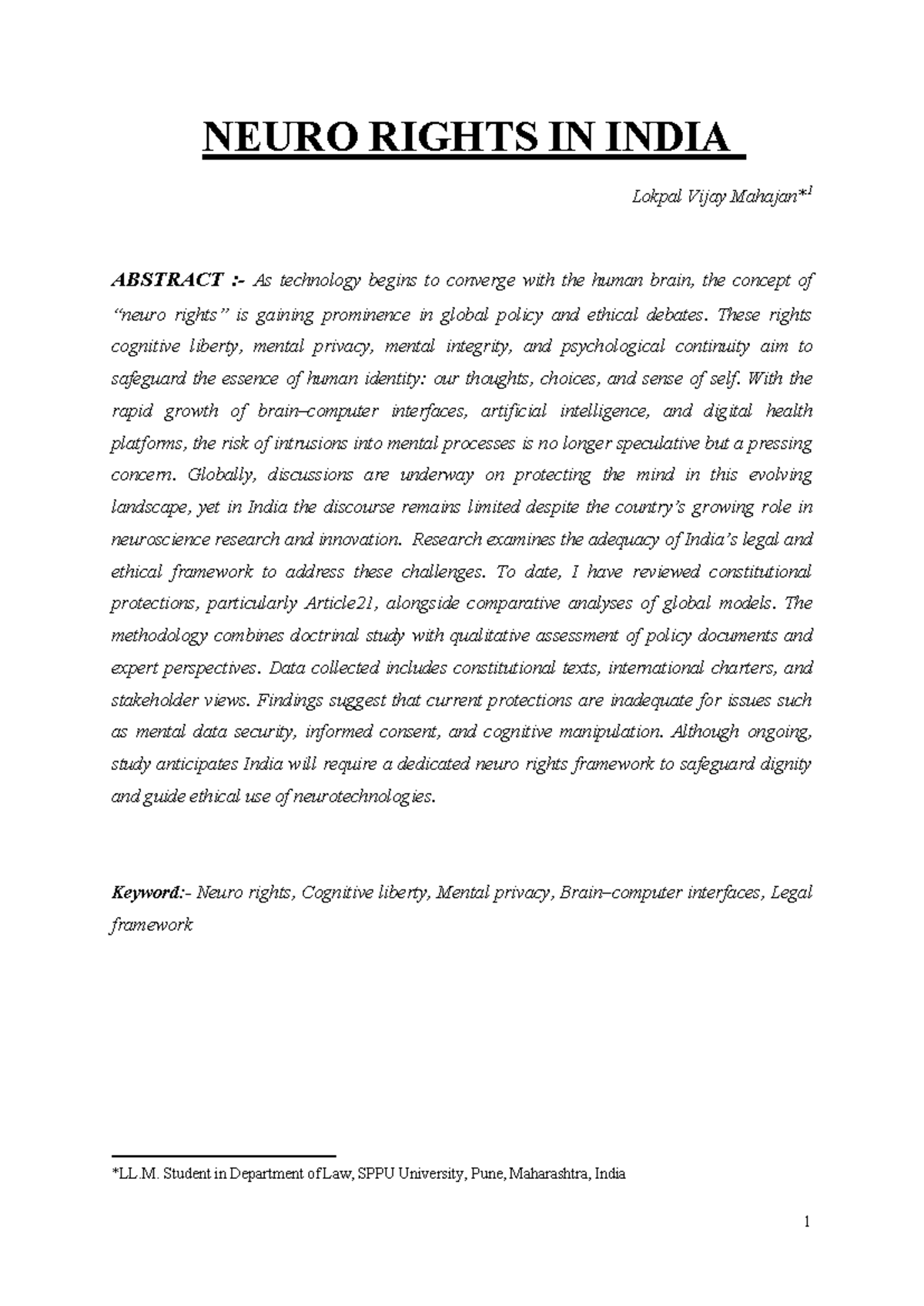 NEURO RIGHTS IN INDIA: Legal Framework & Ethical Challenges - Studocu
