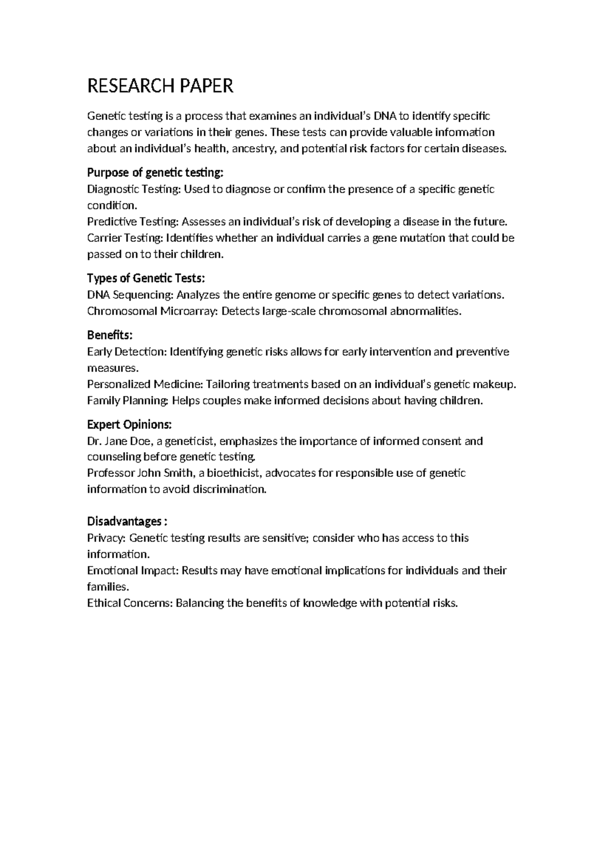 Research Paper 3 - RESEARCH PAPER Genetic testing is a process that ...