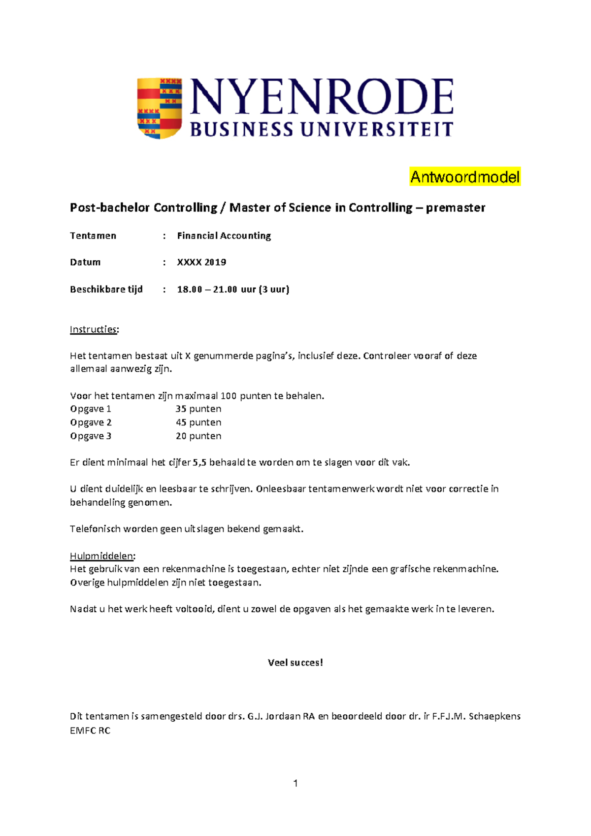 Financial Accounting Exam Model Answers 2019 - Proef/Oefen Tentamen ...