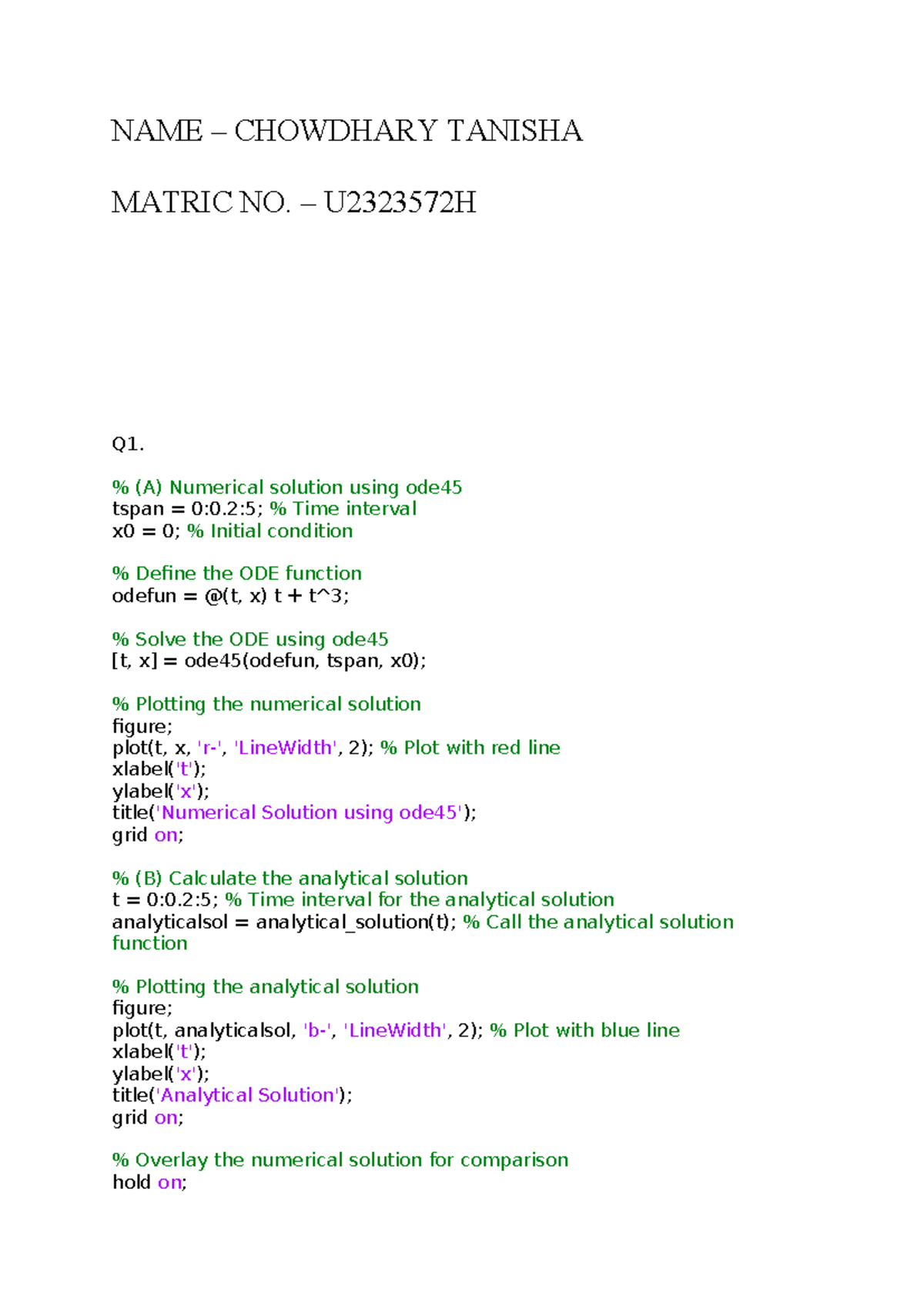 Matlab Assignment CH2107: Numerical & Analytical Solutions - Studocu
