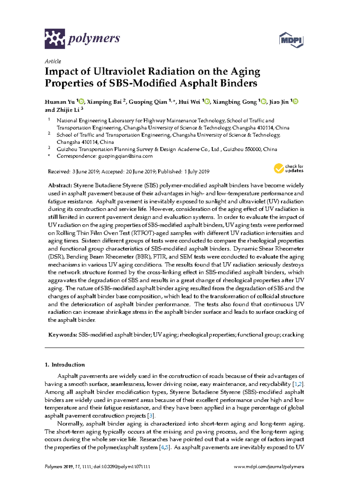 Impact of UV Radiation on Aging Properties of Asphalt Binders (Polymers ...