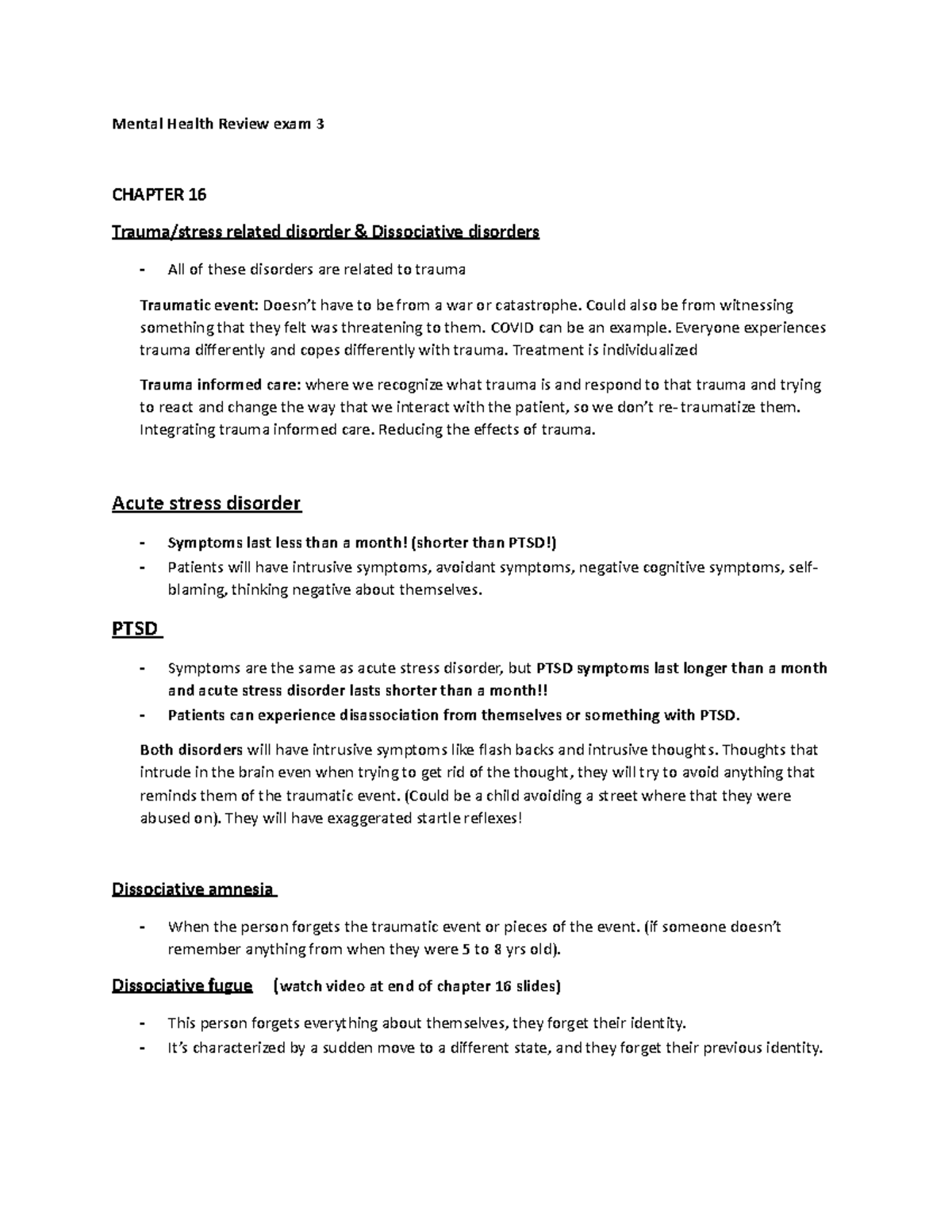 Mental Health Review Exam 3 Study Guide: Trauma & Disorders - Studocu