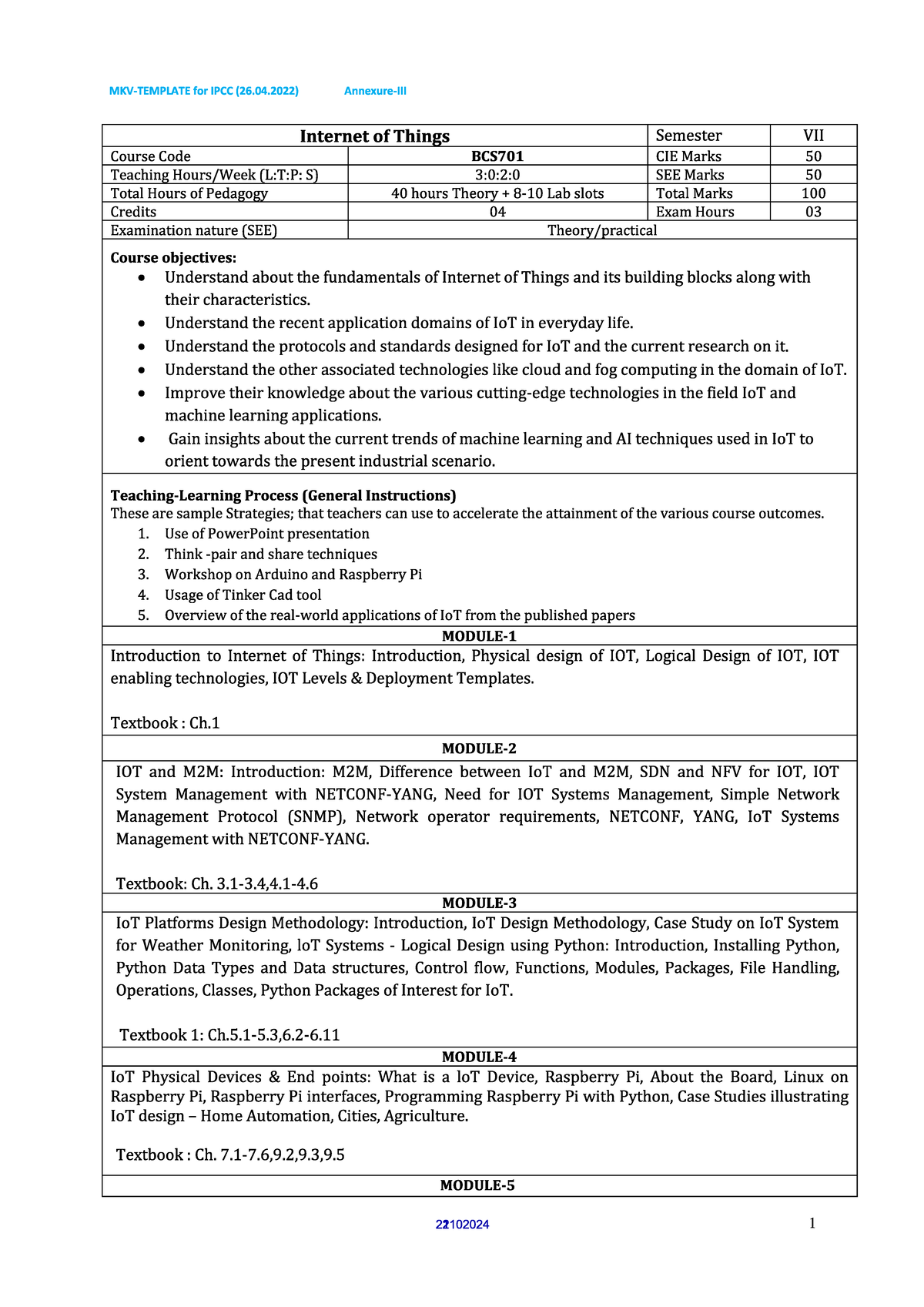 IOT Syllabus 2022 Scheme for BCS701 - Semester VII (IPCC) - Studocu