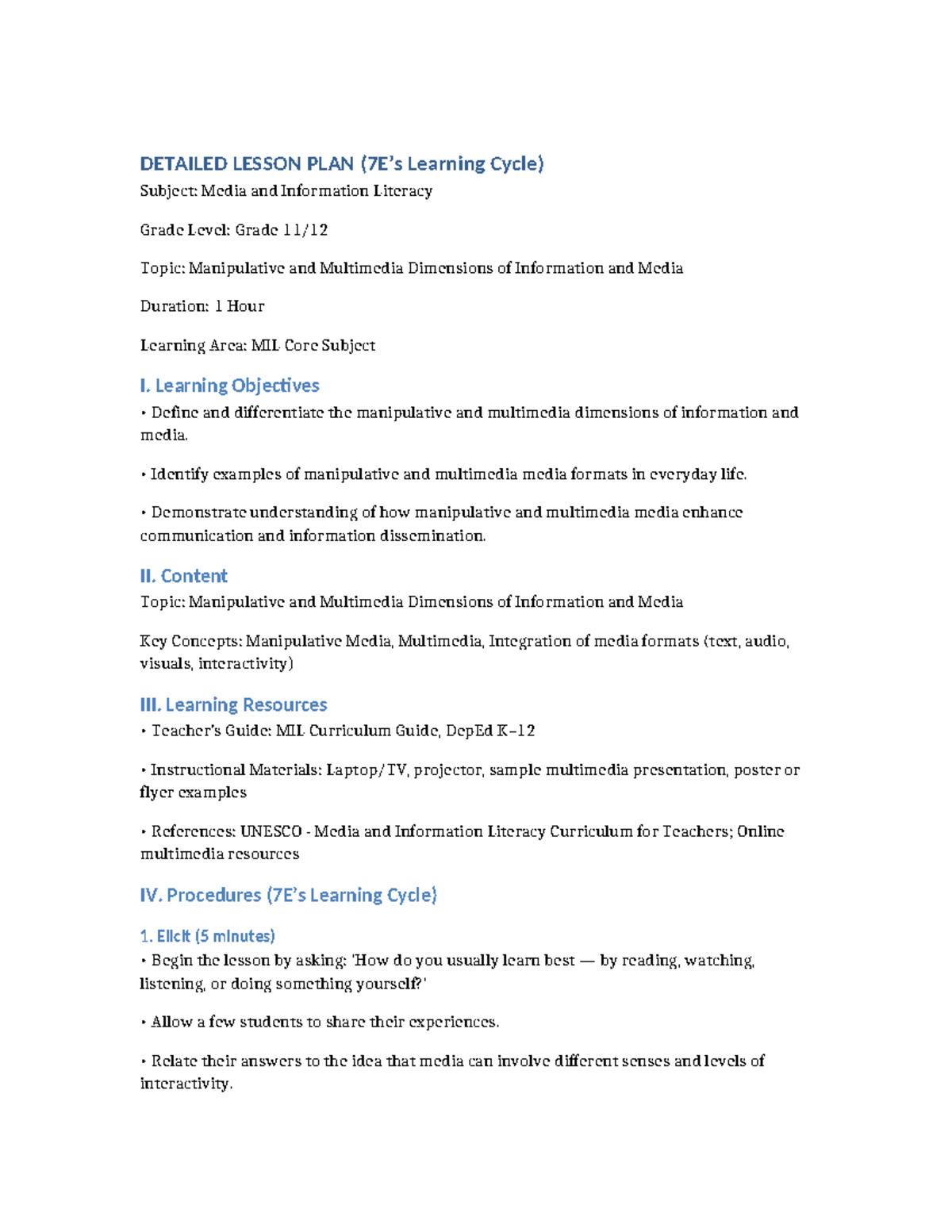 Detailed Lesson Plan (7Es) MIL: Manipulative & Multimedia Dimensions ...