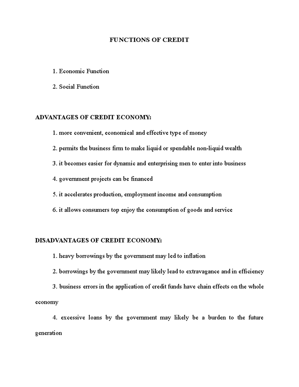 Functions of Credit - Economic and Social Insights Notes - Studocu