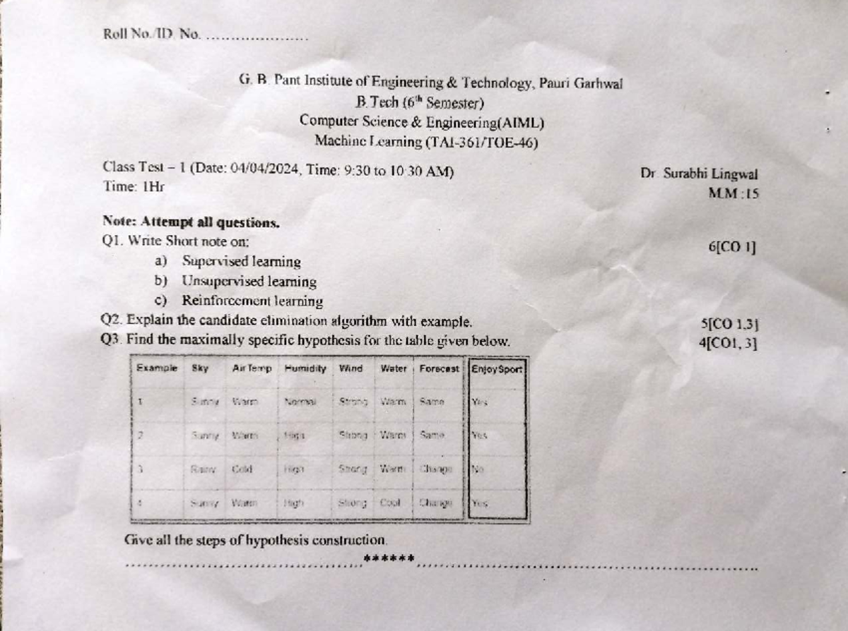 CT-1 6th Sem - Machine Learning & NLP Class Test Questions - Studocu