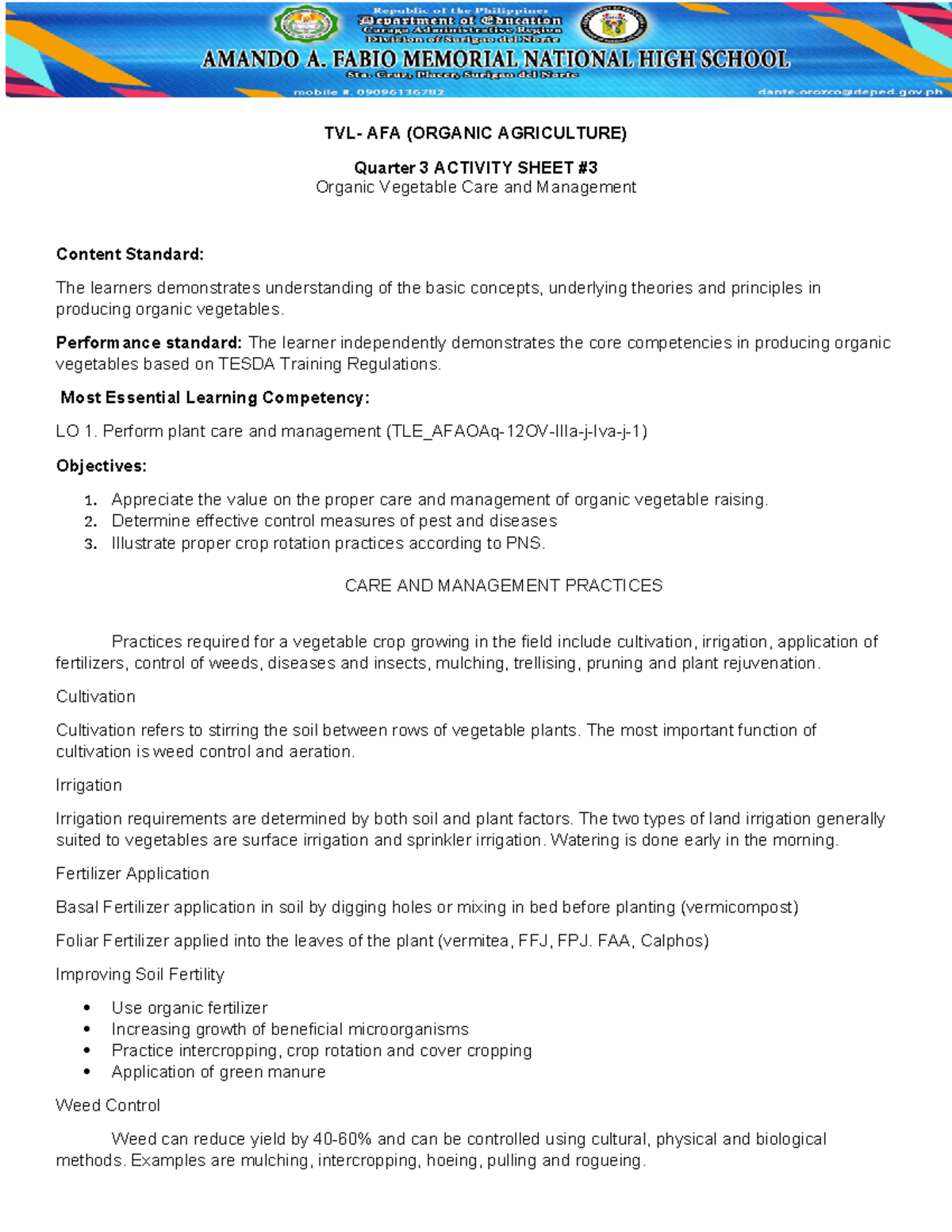 Activity sheet TVL q3 activity 3 3 - TVL- AFA (ORGANIC AGRICULTURE ...