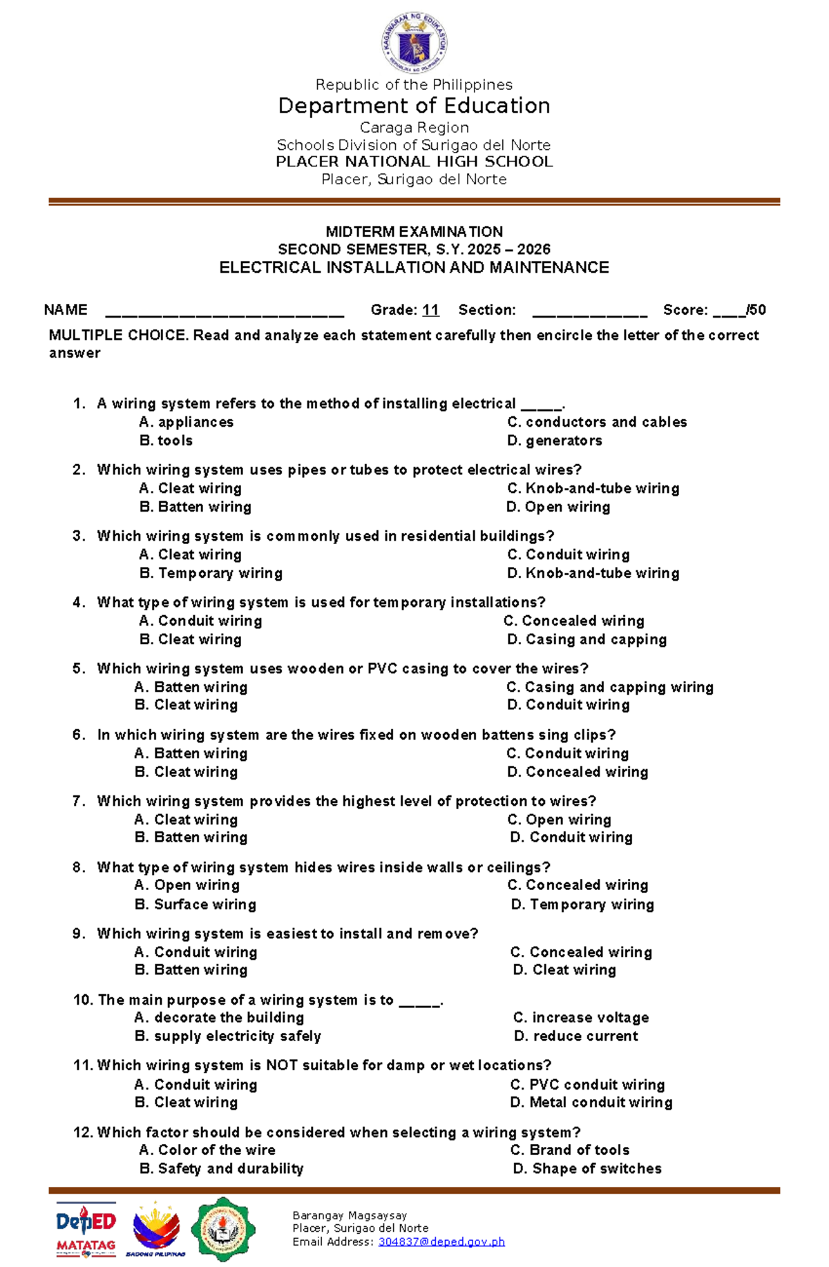 EIM G11 MIDTERM EXAMINATION - ELECTRICAL INSTALLATION & MAINTENANCE ...