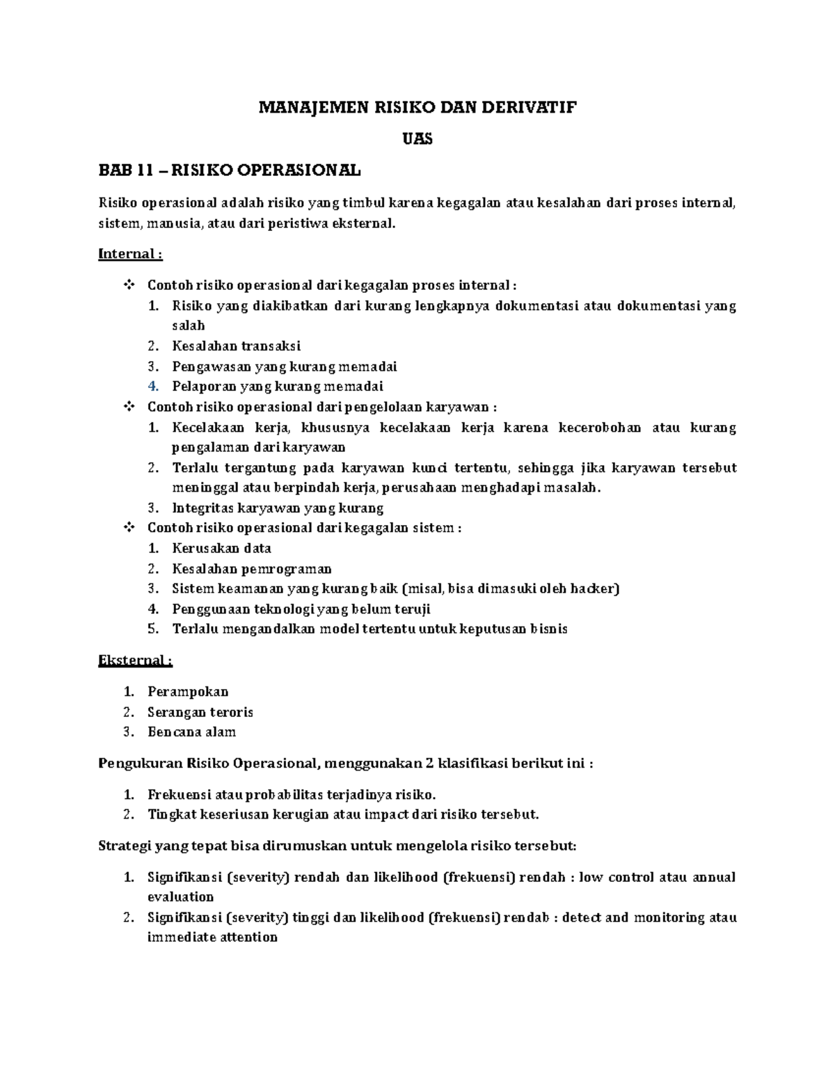 Modul Tutor Manrisk UAS: Manajemen Risiko & Derivatif - UAS Notes - Studocu