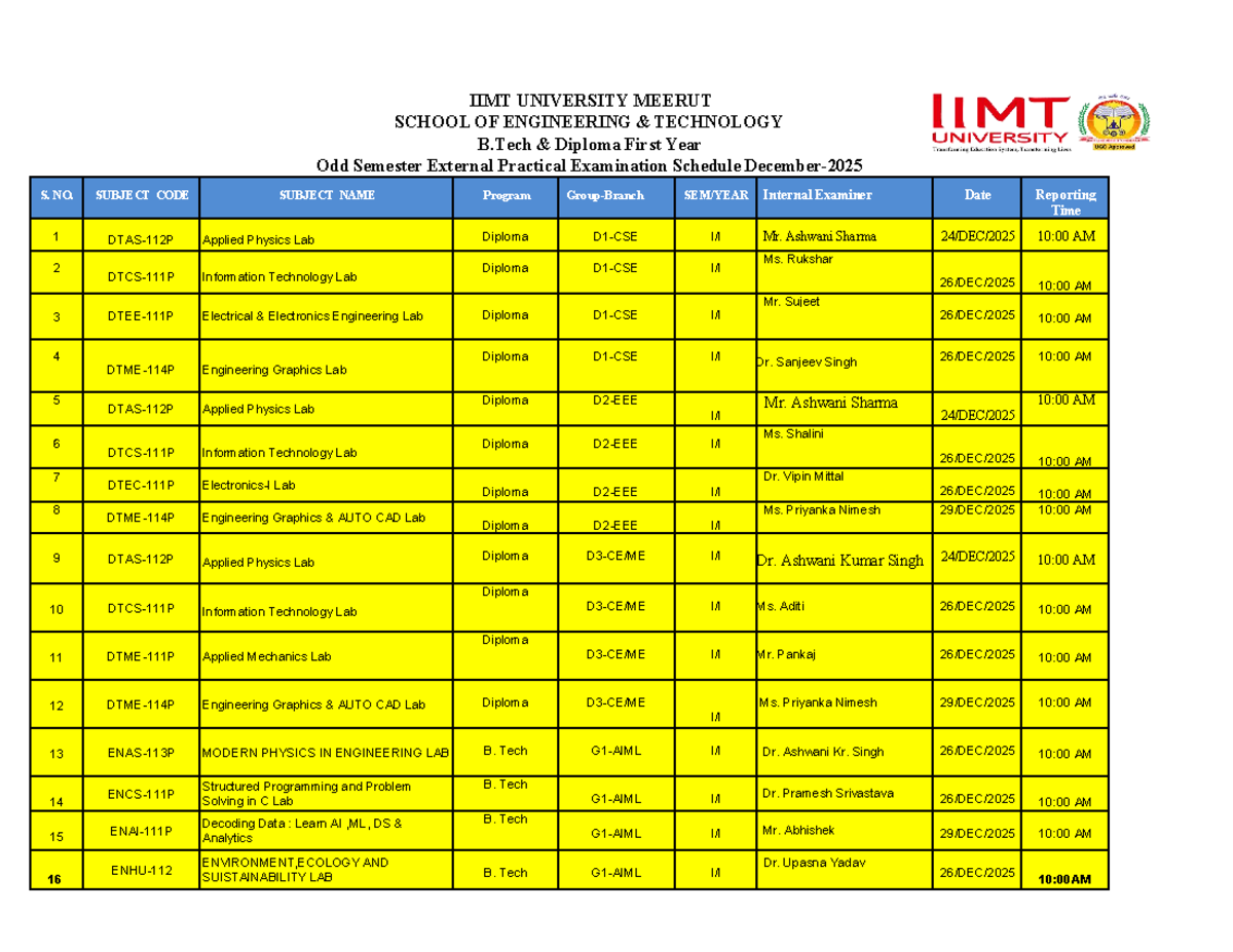 B.Tech Diploma First Year Odd Semester Practical Exam Schedule 2025-26 ...