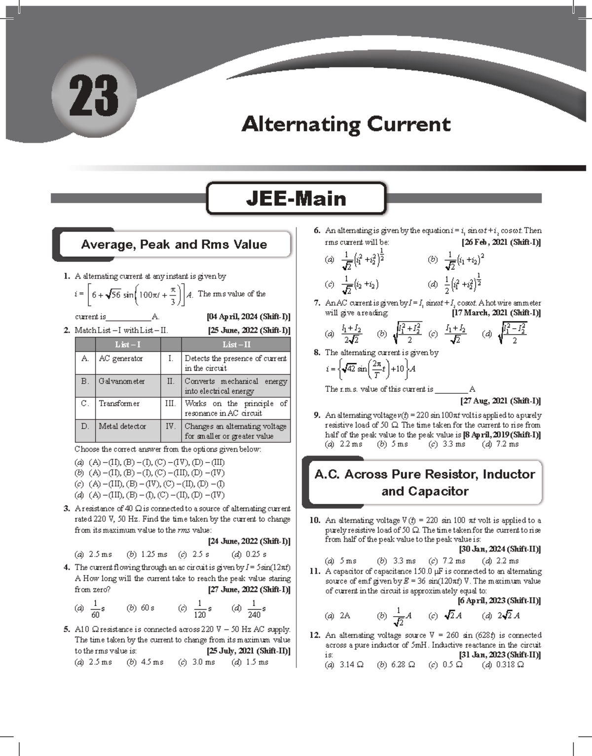 JEE Main & Advanced PYQs: Alternating Current Concepts and Applications ...
