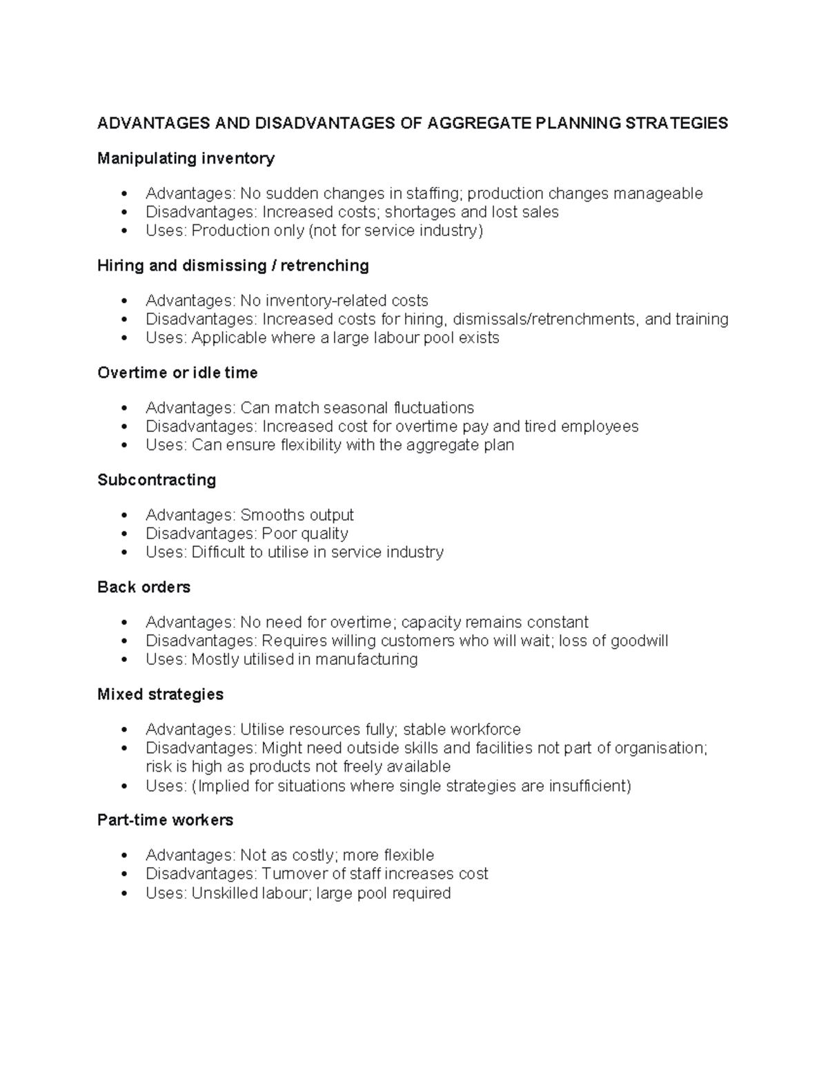Advantages and Disadvantages of Aggregate Planning Strategies - Studocu