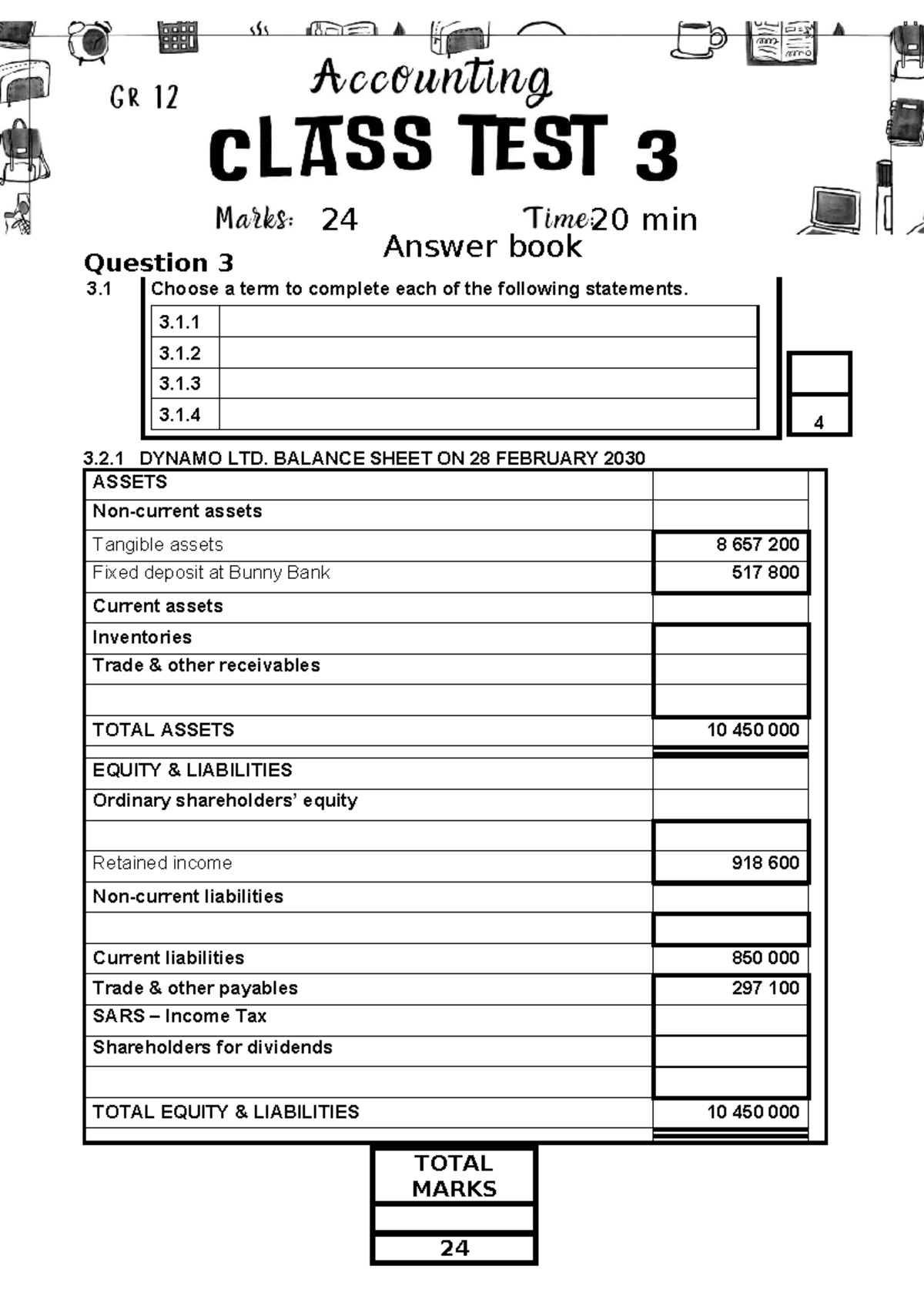 Class TEST 3: Balance Sheet Analysis and Answers - Studocu