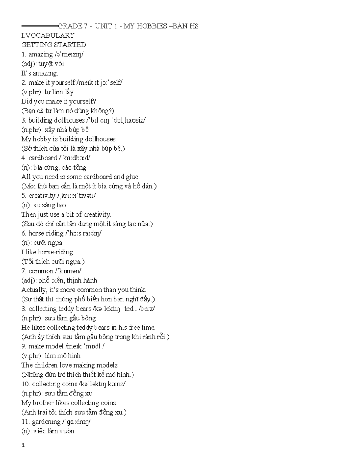 GRADE 7 - UNIT 1: MY HOBBIES - VOCABULARY AND EXERCISES - Studocu