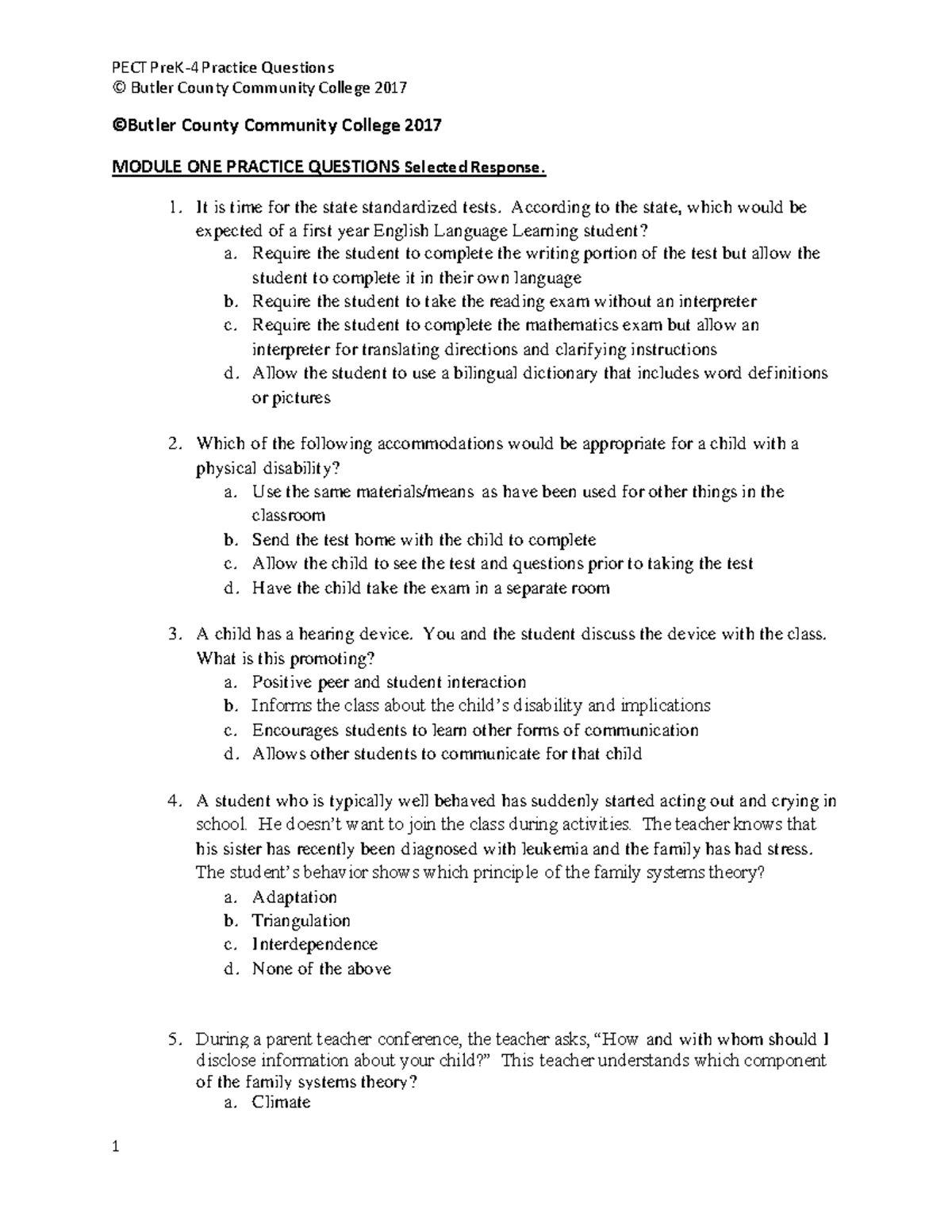 PECT PreK-4 Practice Questions and Module One Answers - © Butler County ...