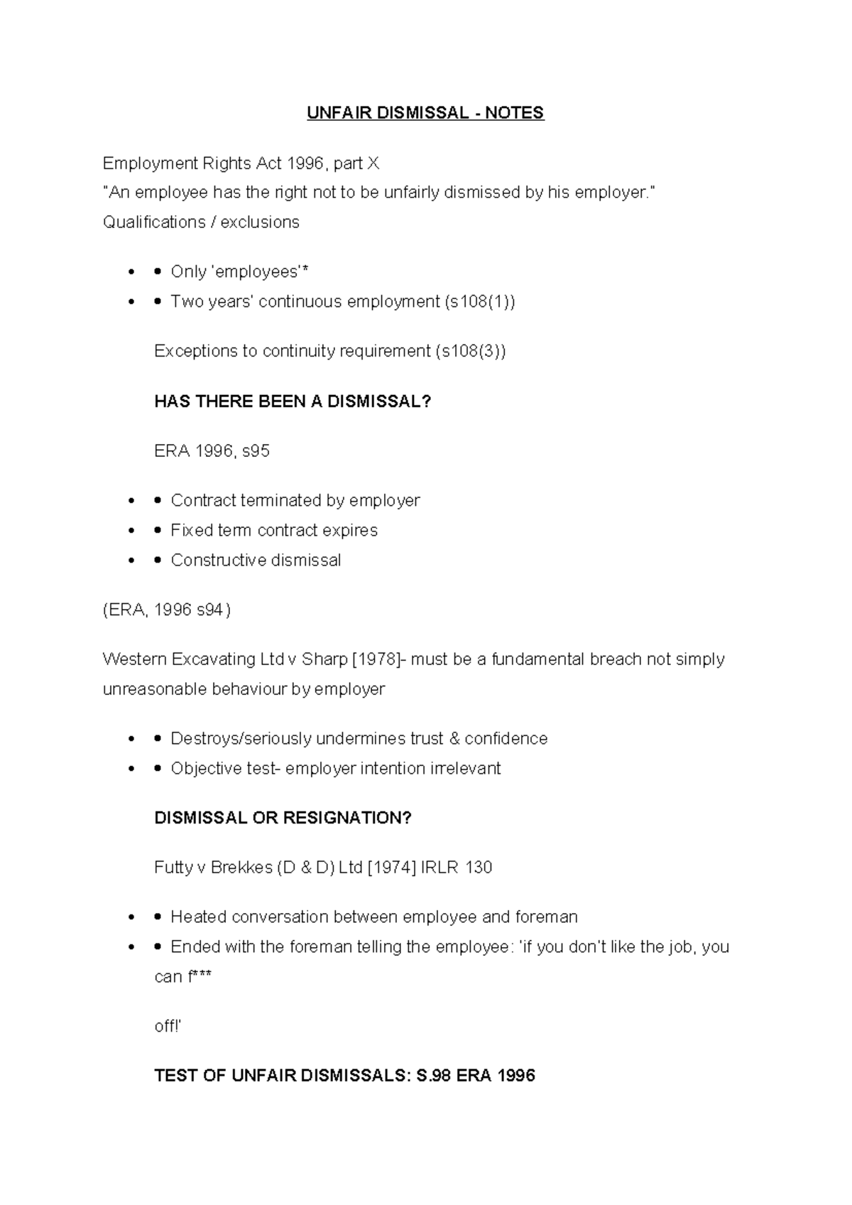 Unfair Dismissal Summary Notes - Commercial Law Revision - Studocu