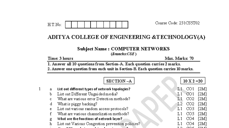 Computer Networks Exam Guide: 231CS5T02 - Aditya College - Studocu