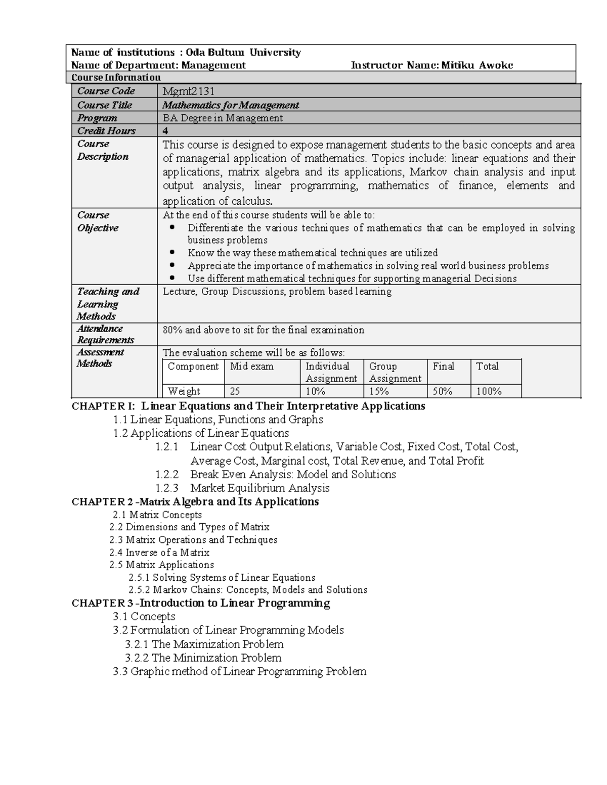 Mathemathics for management course outline - Name of institutions : Oda ...