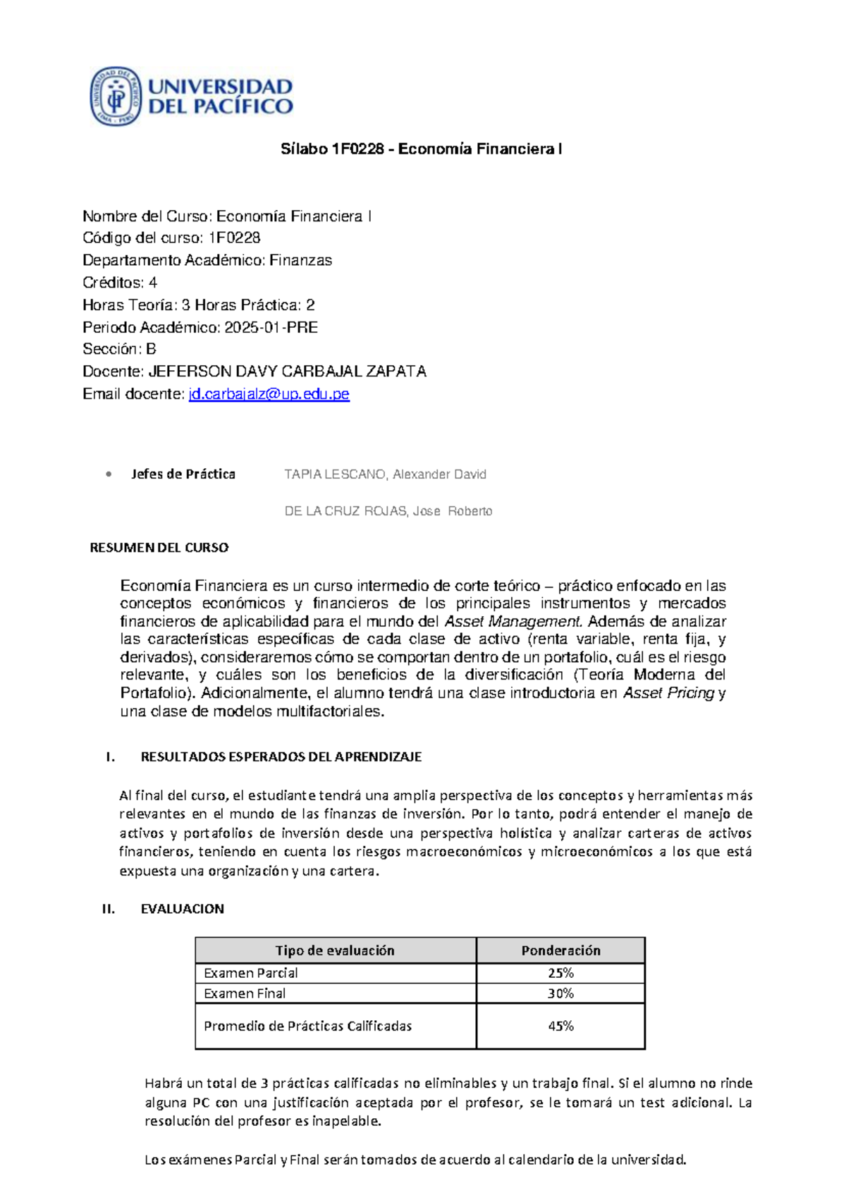 Sílabo - Economía Financiera I 1F0228 (2025-1) - Intermedio Teórico-Práctico - Document Preview