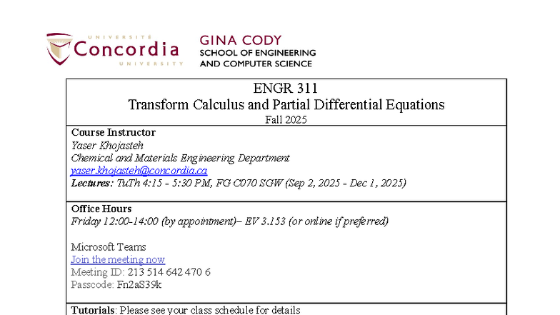ENGR 311 Course Outline: Transform Calculus & PDEs - Fall 2025 - Studocu