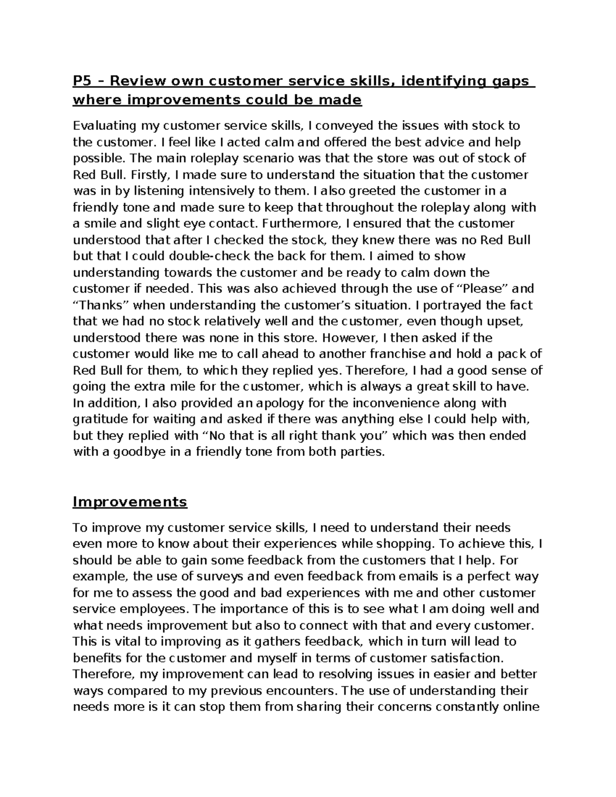 Unit 14 Customer Service - Assignment 2 - P5 – Review own customer ...