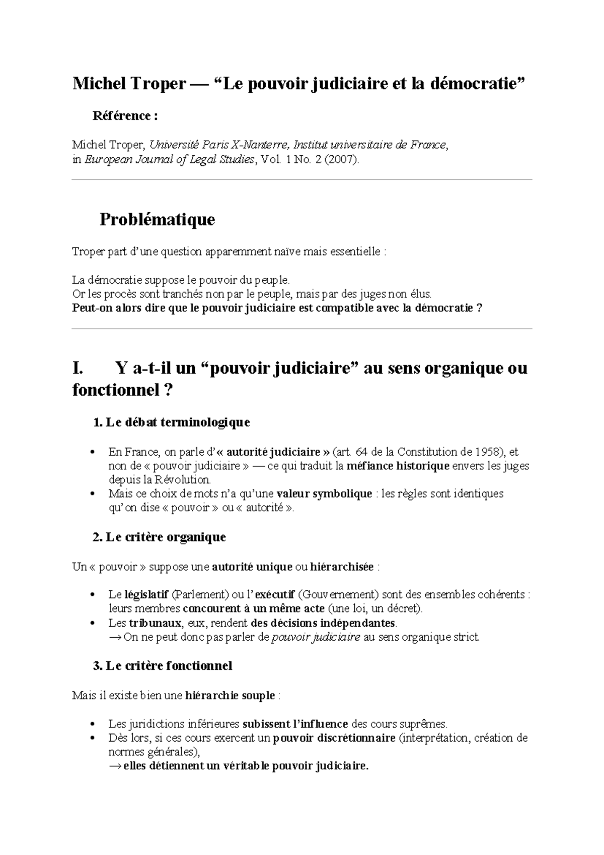 Étude sur le Pouvoir Judiciaire et la Démocratie selon Michel Troper ...