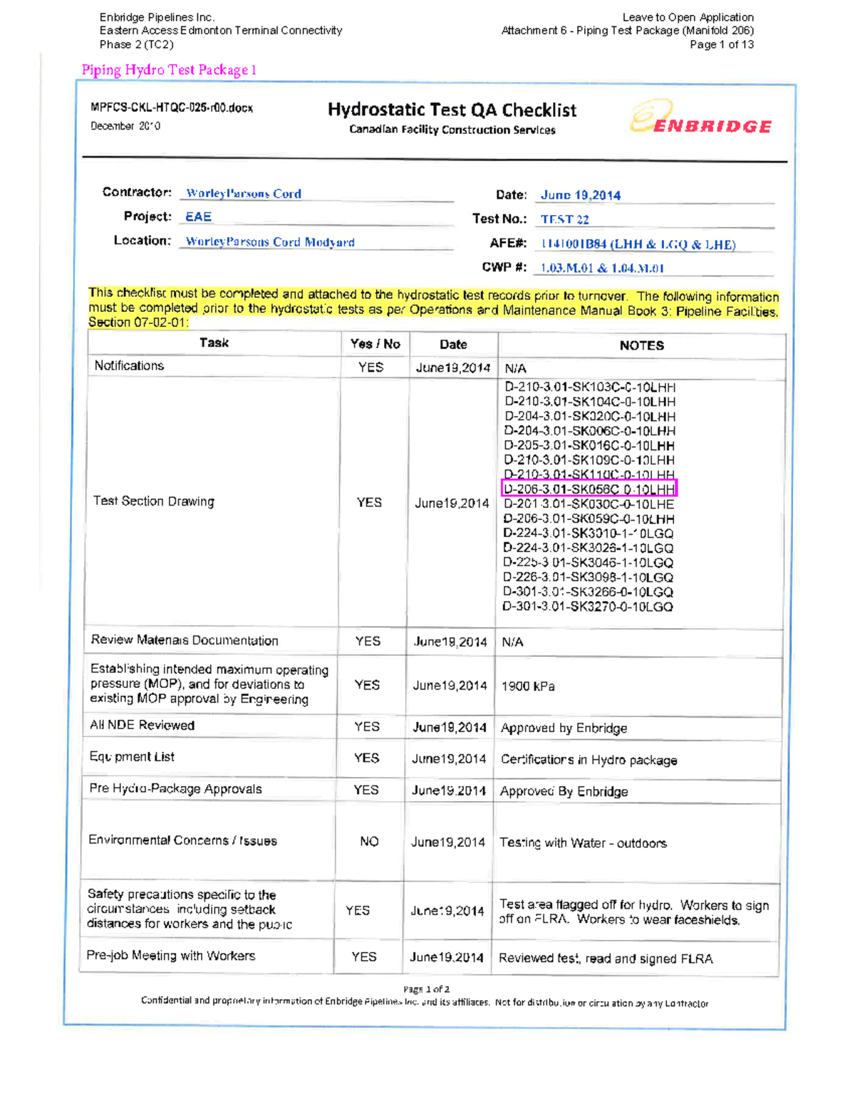 Enbridge TC2 Piping Hydro Test Package 1: Attachment 6 - Manifold 206 ...