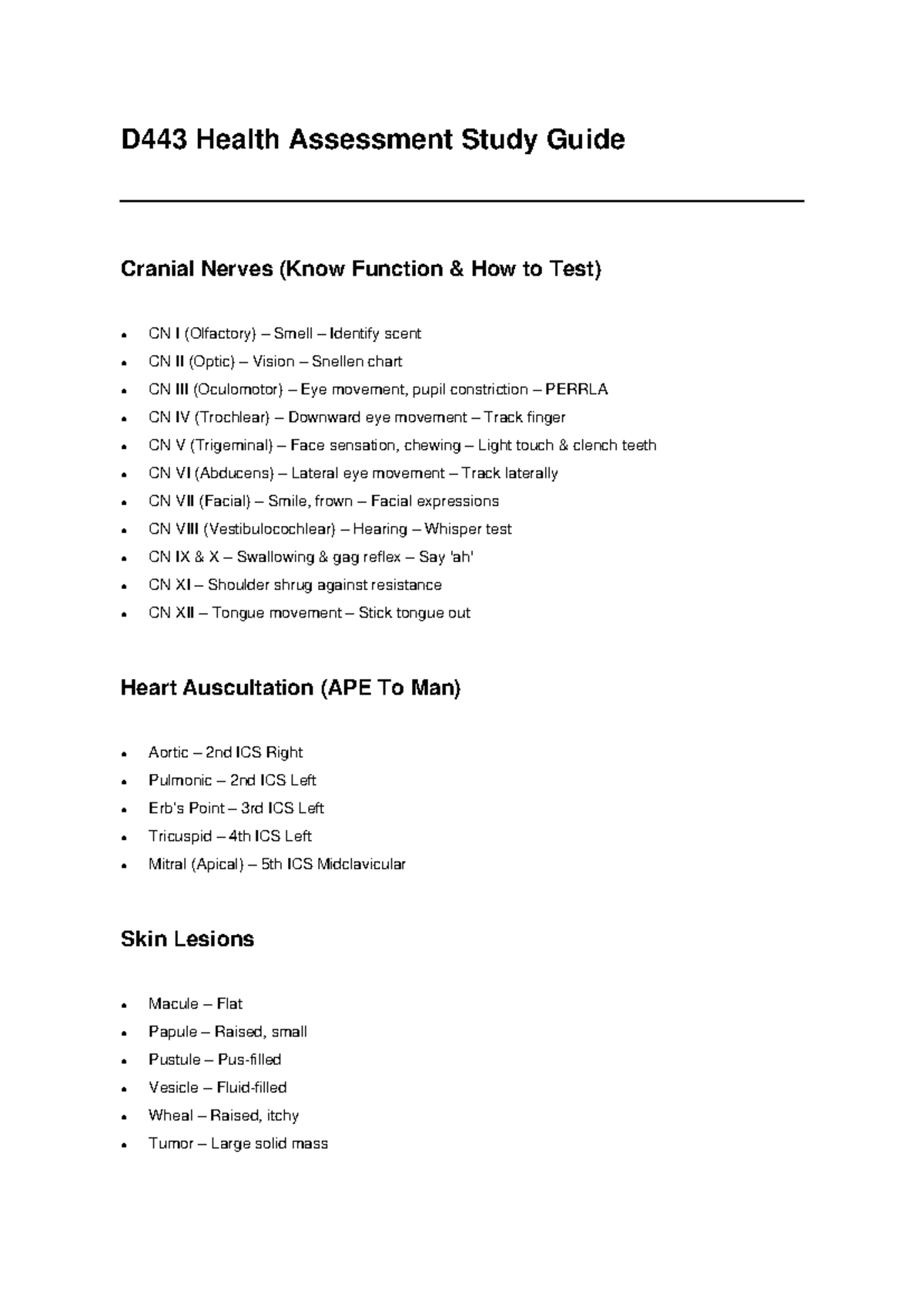 健康・医学 Cranial Participant Guide D443 Health Assessment Study Guide: Cranial Nerves & Key