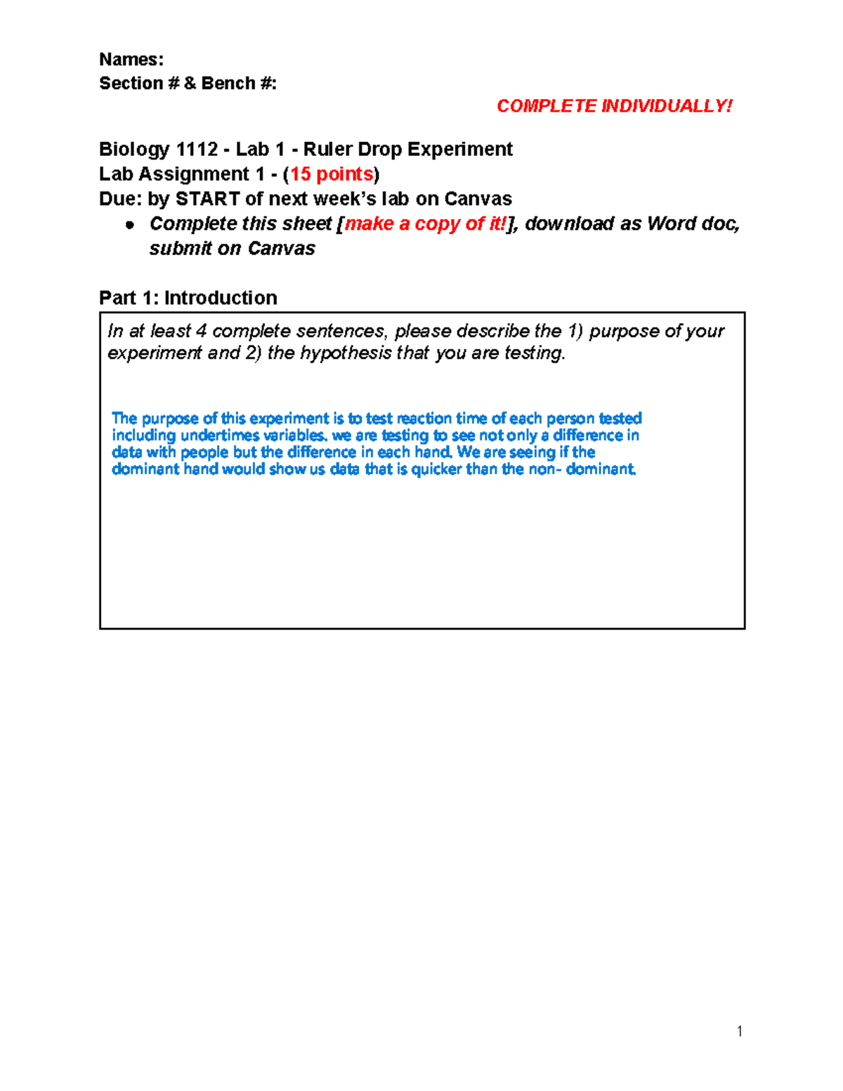Biology Lab 1: Ruler Drop Experiment Assignment (15 pts) - Studocu