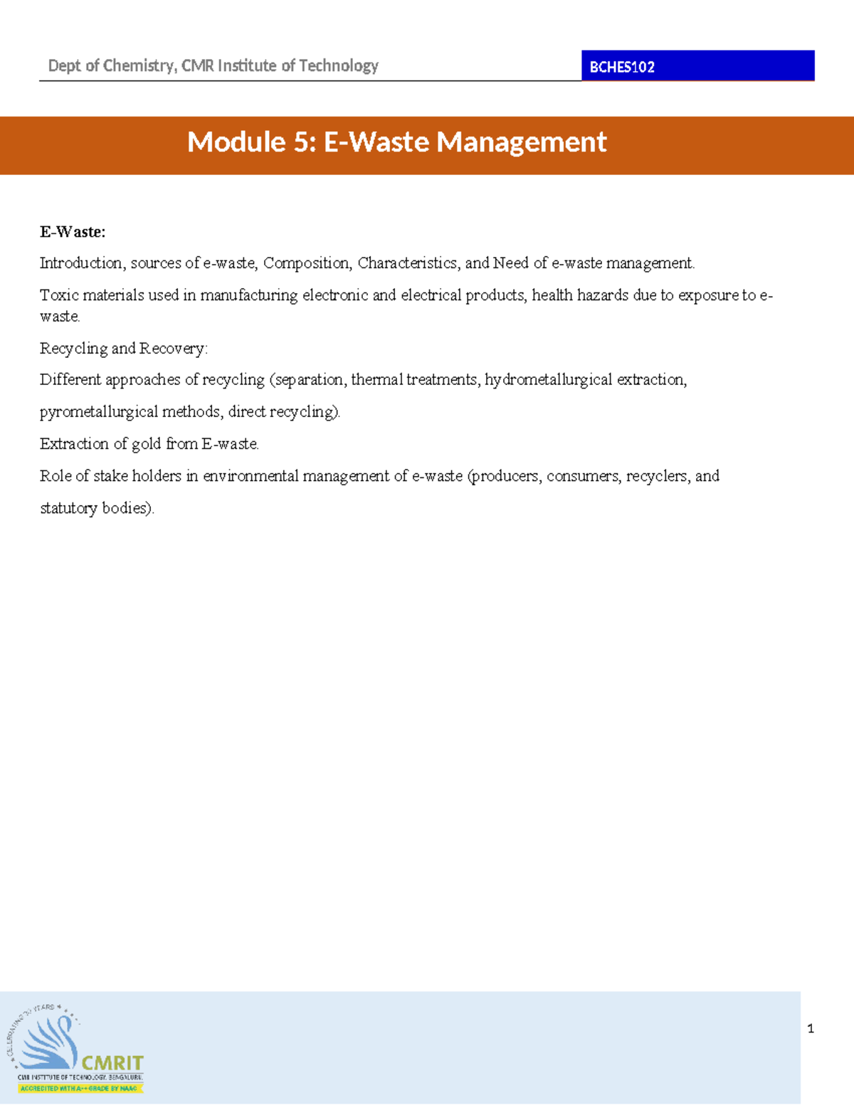 Module 5: Comprehensive Study on E-Waste Management Techniques - Studocu