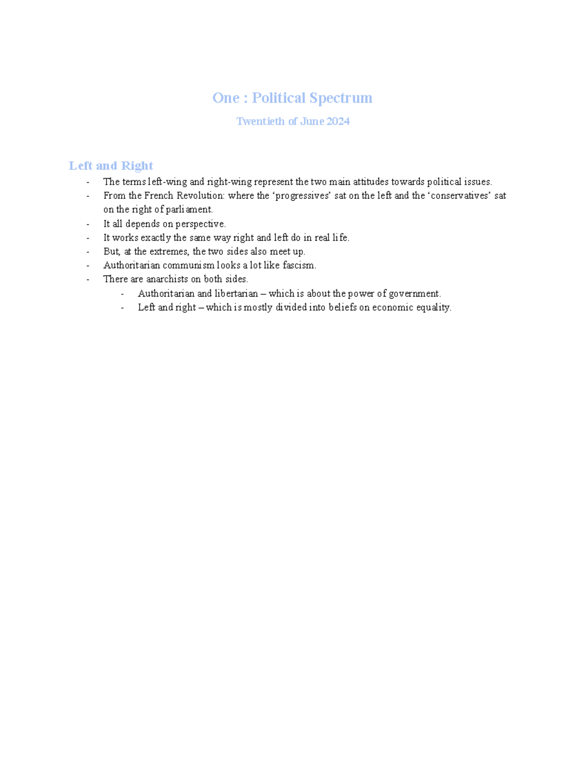 Politics notebook 2 - One : Political Spectrum Twentieth of June 2024 ...