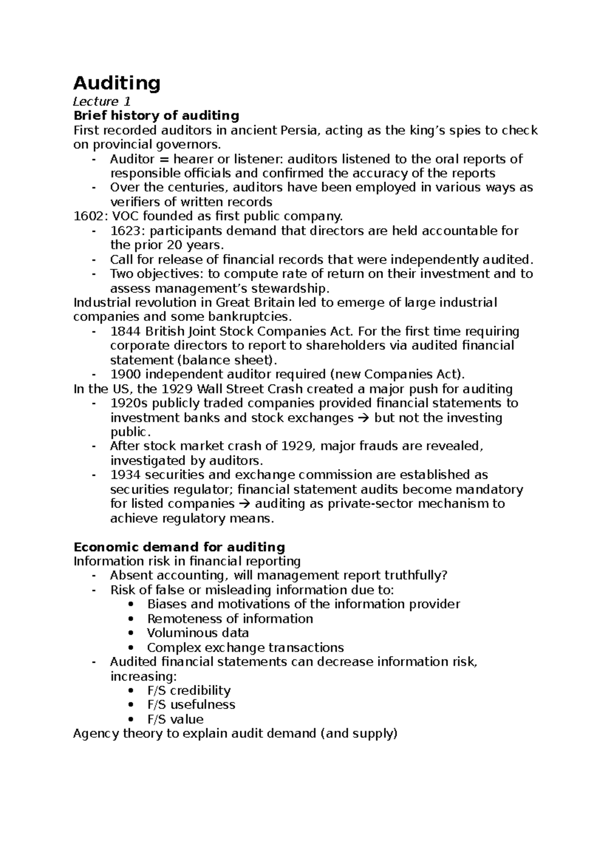 Auditing Lecture Notes: Key Concepts & Historical Context - Studeersnel