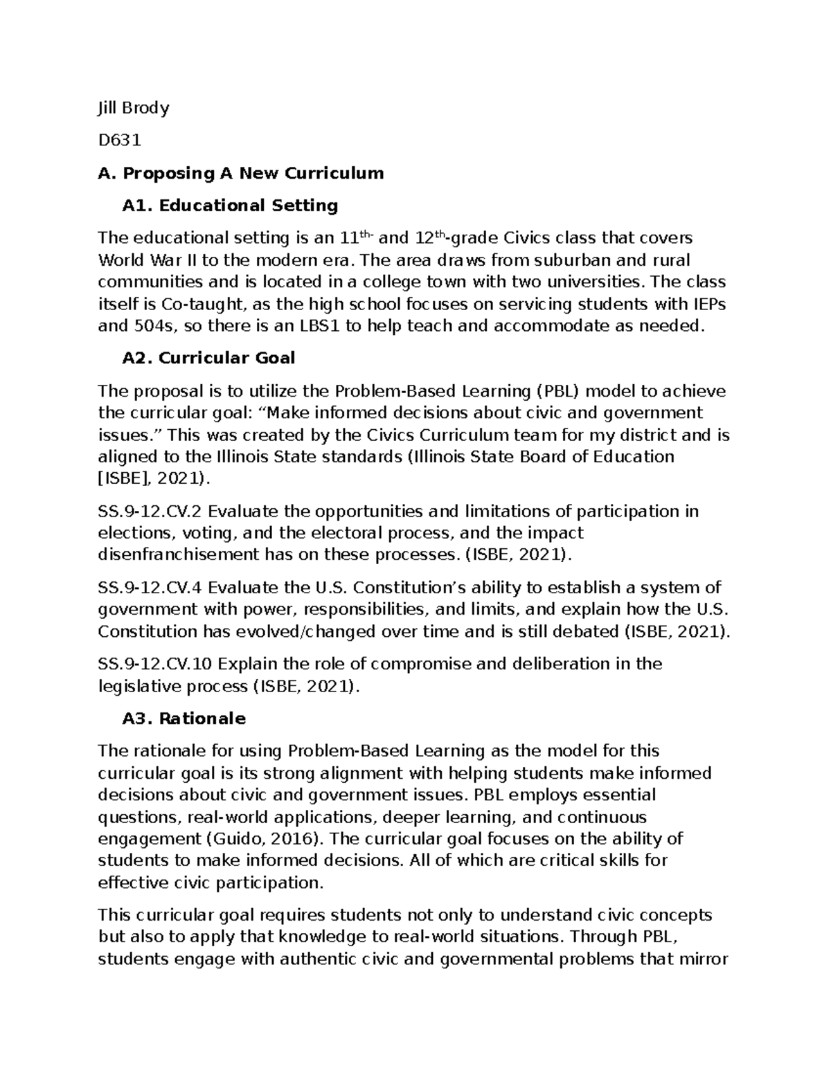 D631 A. Proposal for PBL in Civics Curriculum Development - Studocu