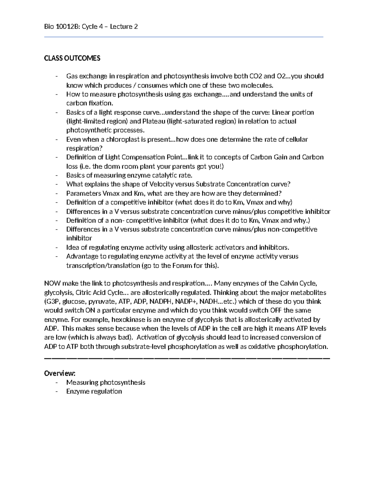 Bio 1002 B - Cycle 5 (L2) - Lecture Notes - CLASS OUTCOMES Gas exchange ...