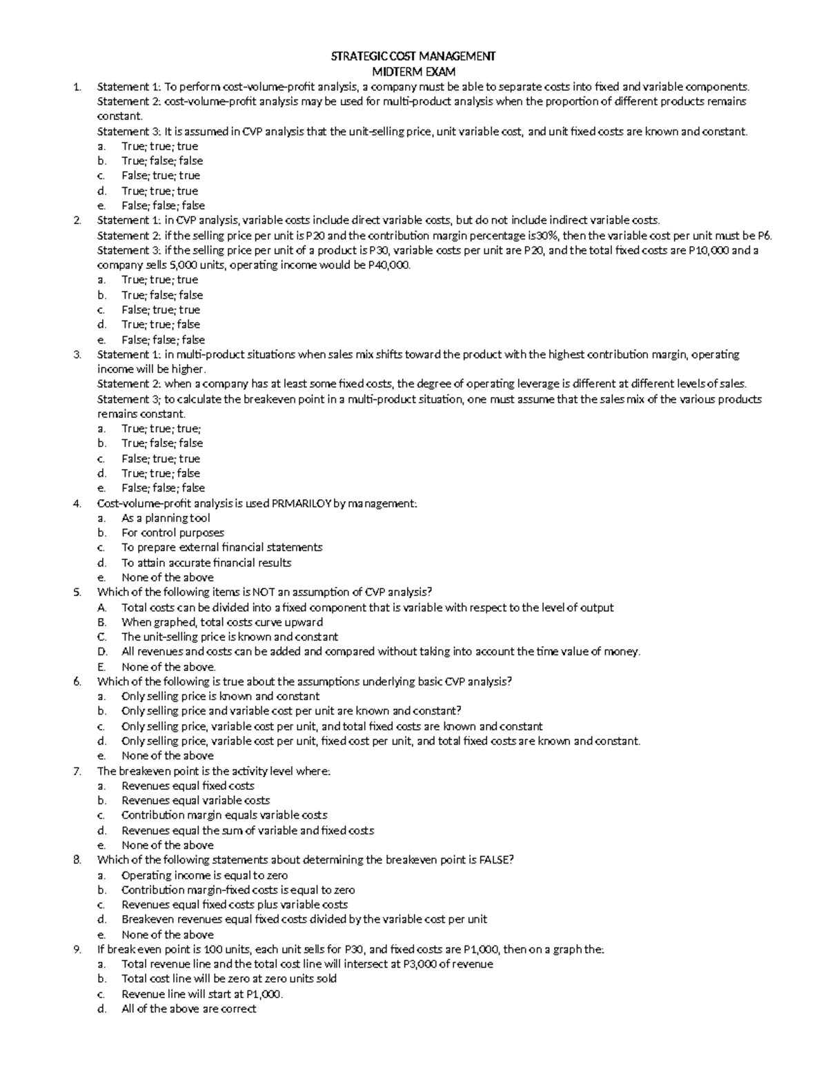 Strategic Cost Management - Midterm Exam Qnnaire & Answers (SCM 301 ...