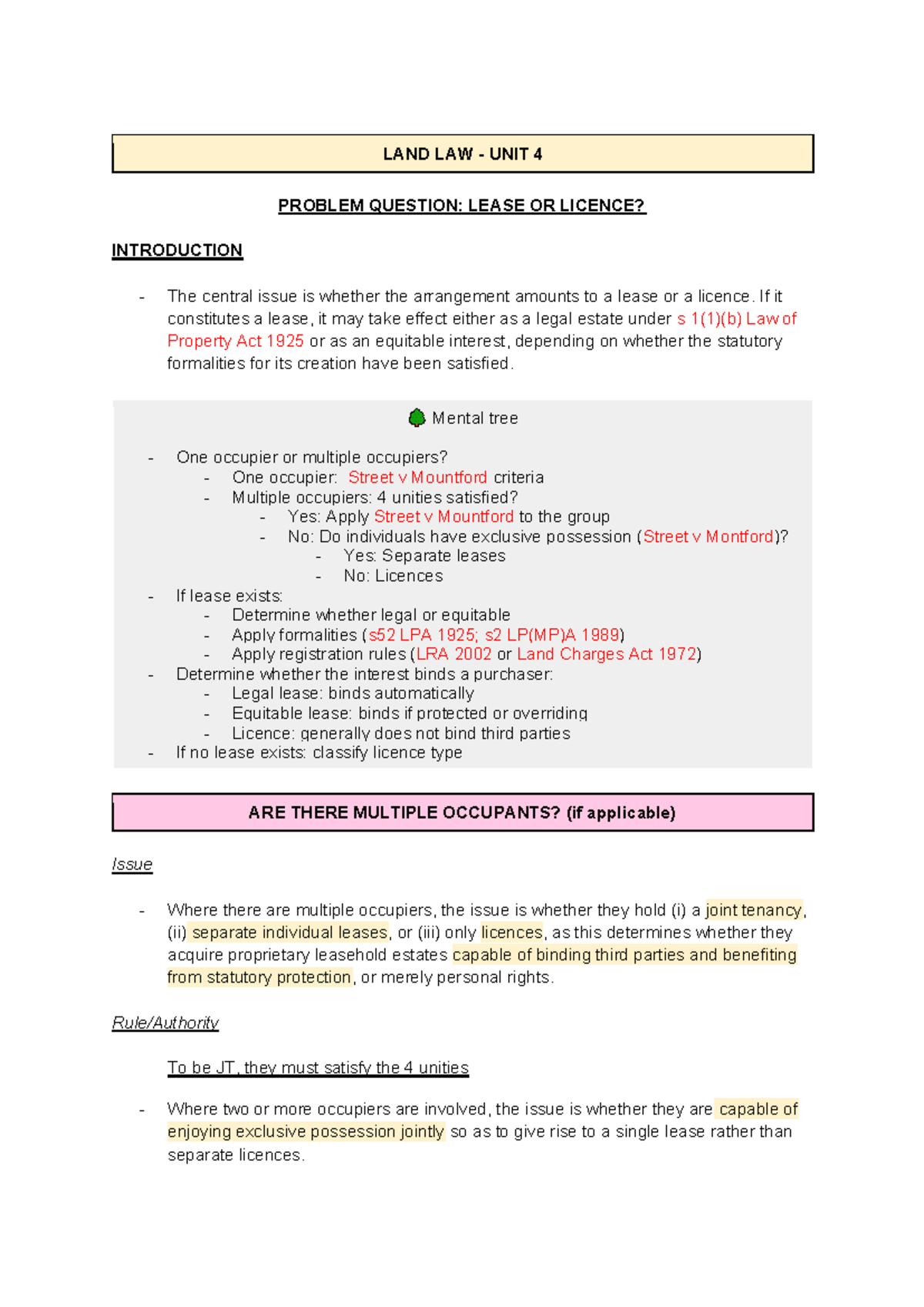 LAND LAW - UNIT 4-2 - Final Exam Preparation Notes for Success - Studocu