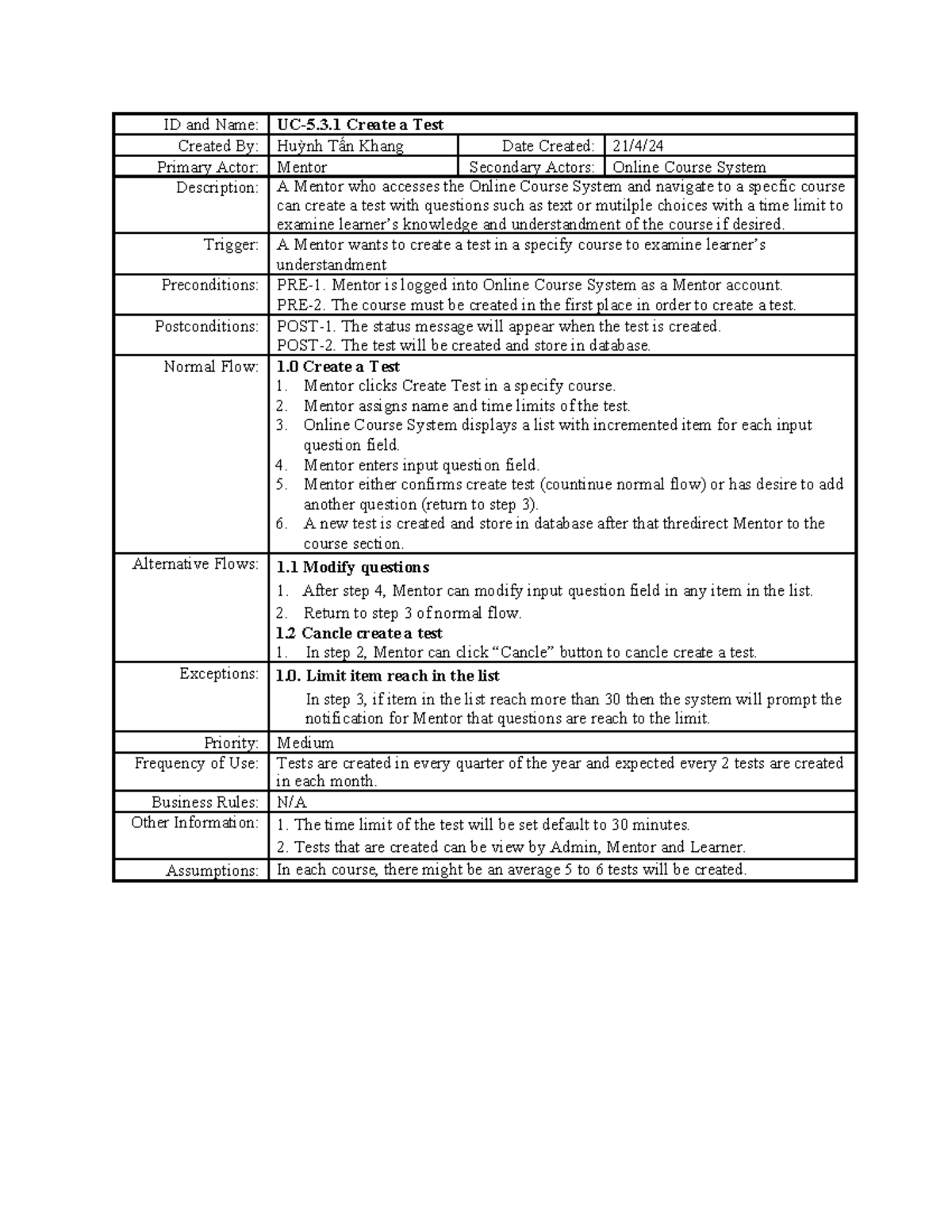 Use Case Des OCS: Creating Tests in Online Course System - Studocu