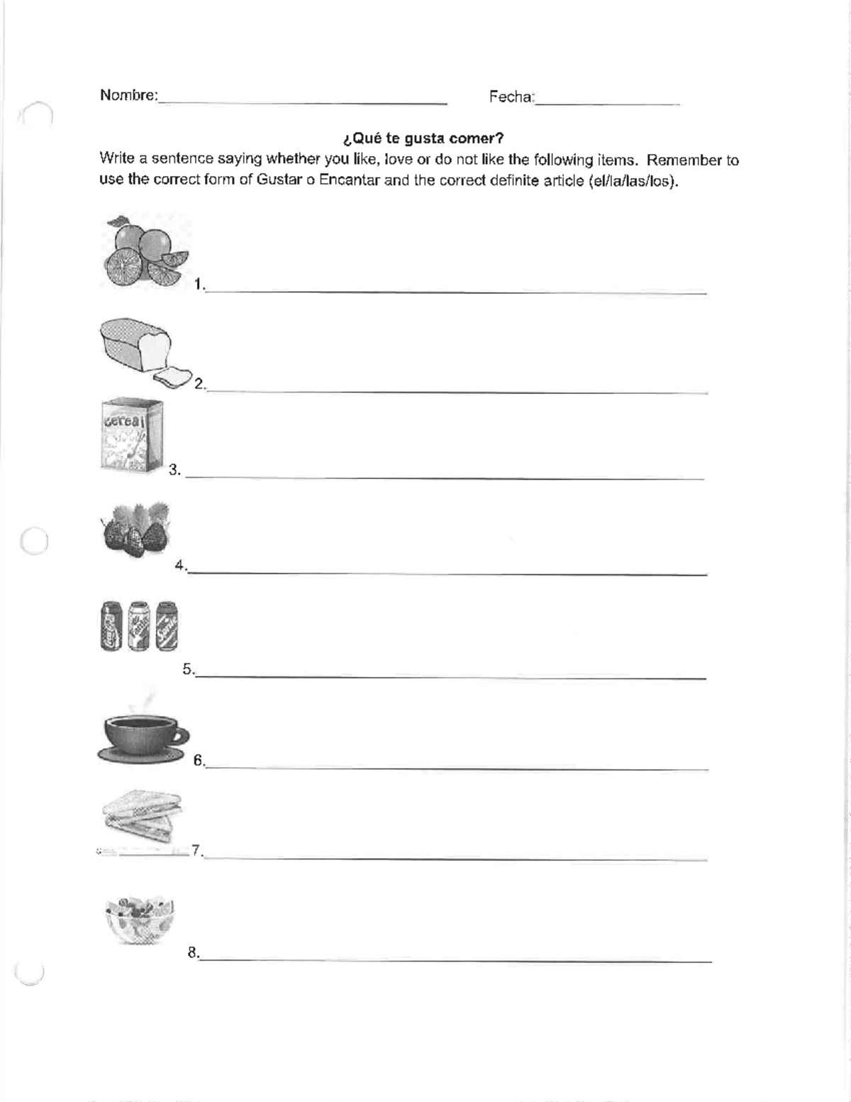Robert Reh - Quiz study guide - Nombre: Fecha: te gusta comer? Write a ...