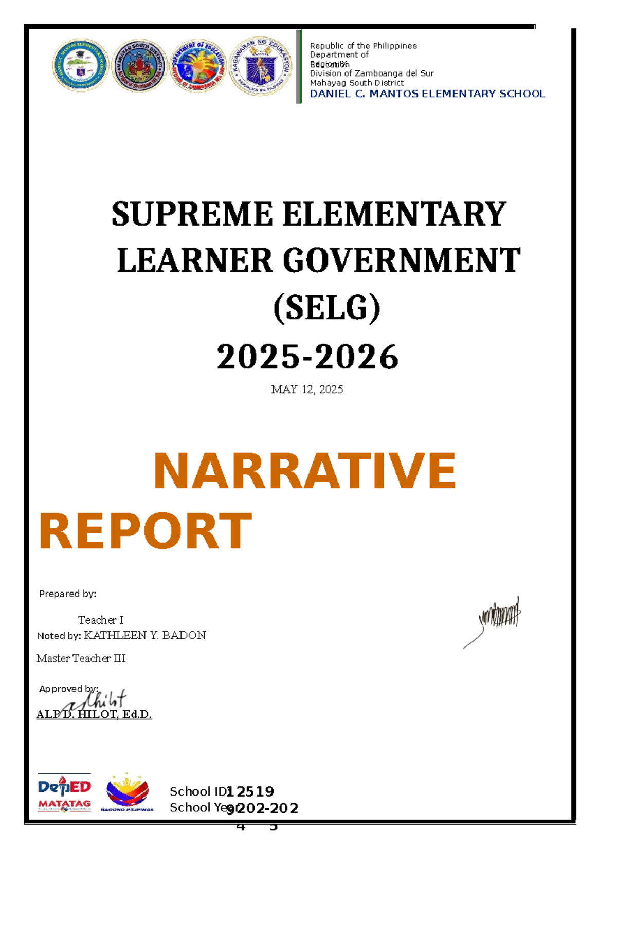 SELG Narrative Report 2025-2026 - Daniel C. Mantos Elementary School ...