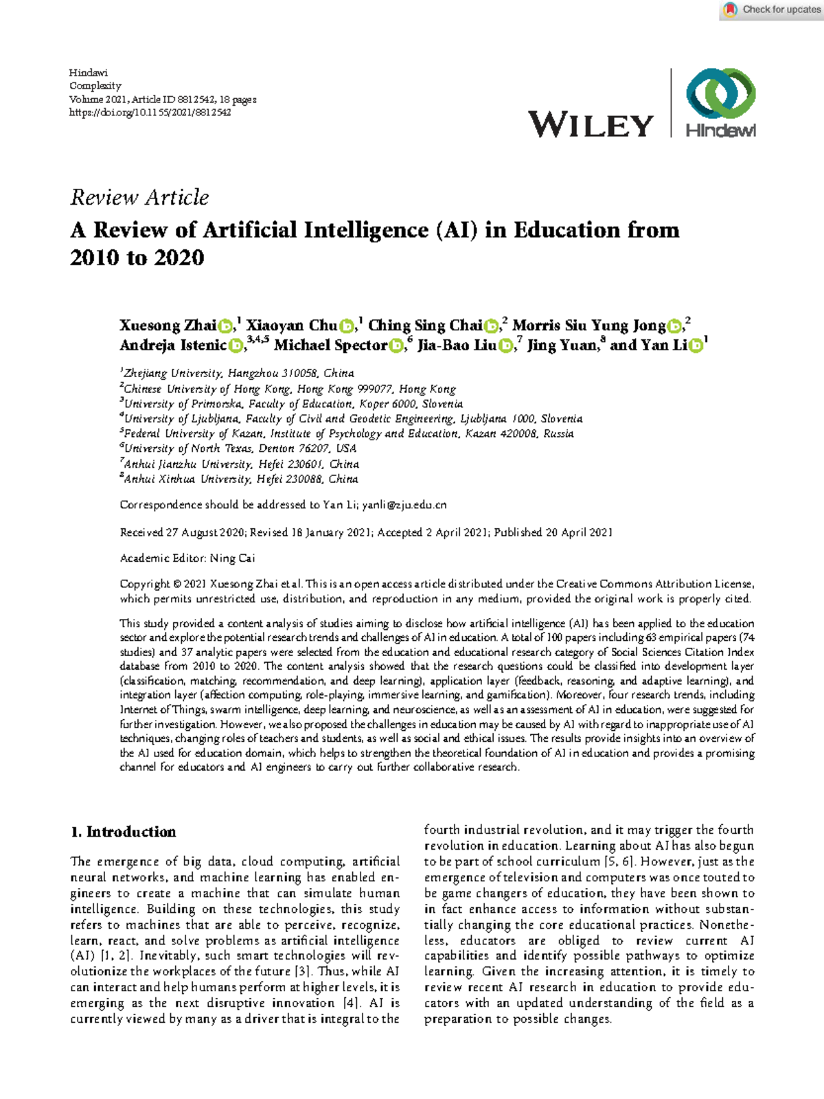 A Review of Artificial Intelligence AI in Education from 2010 to 2020 ...