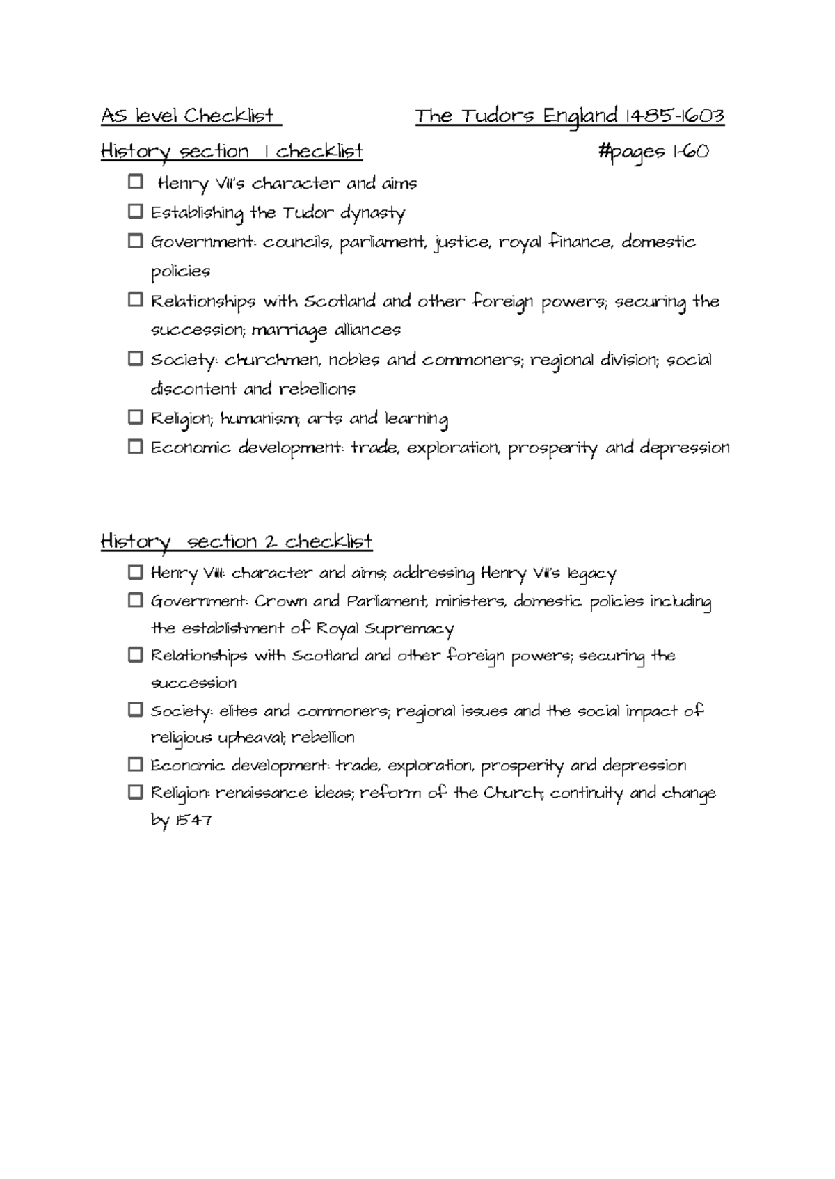 A Level History Checklist: The Tudors (1485-1603) Overview - Studocu